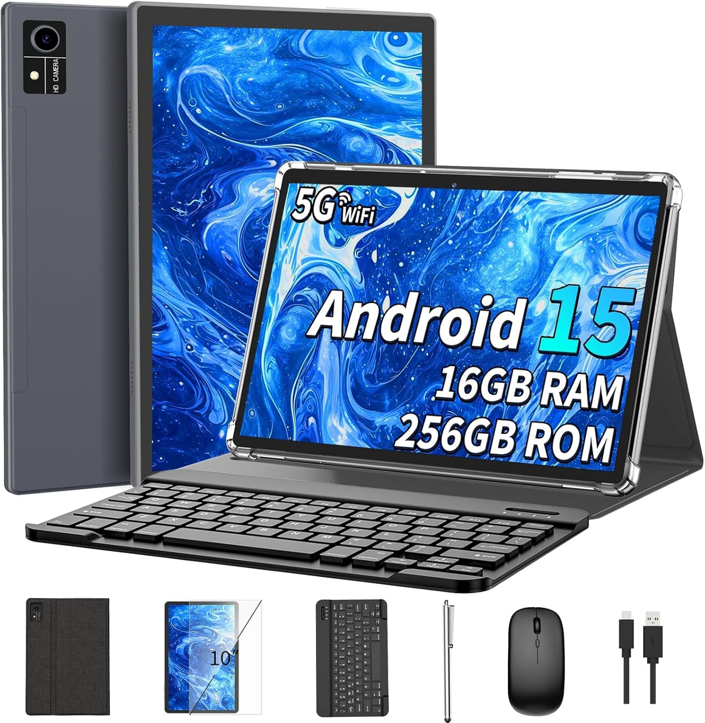 Android 15 Tablet with Keyboard, 16GB（8+8）RAM+256 Storage(Expand to 2TB), 8000mAh Battery, Widevine L1,10 Inch 2-in-1 Tablets with 5G/2.4G WiFi, BT5.0, GMS Certified, with Mouse, Case, Stylus（Black）