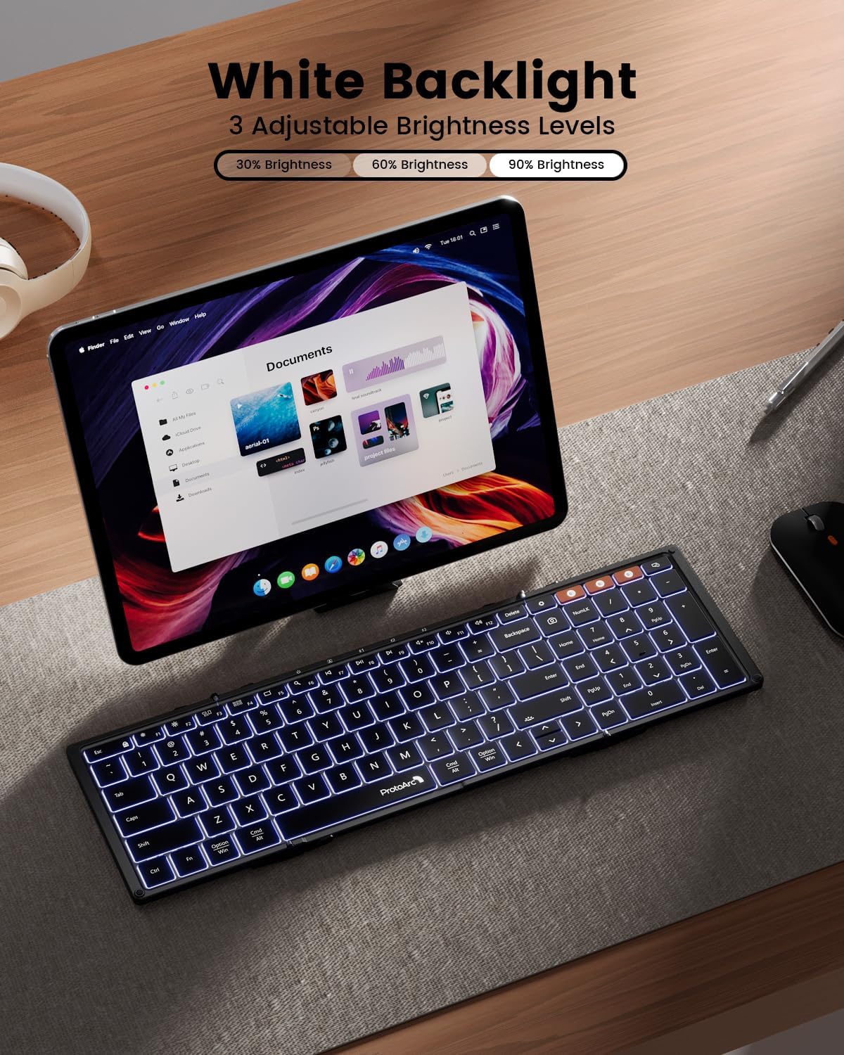 ProtoArc Backlit Foldable Keyboard, XK01 Plus Folding Portable Bluetooth Keyboard for Travel, True Full Size External Wireless Keyboards with Backlight for iPad Tablet Smartphone Laptop - Black