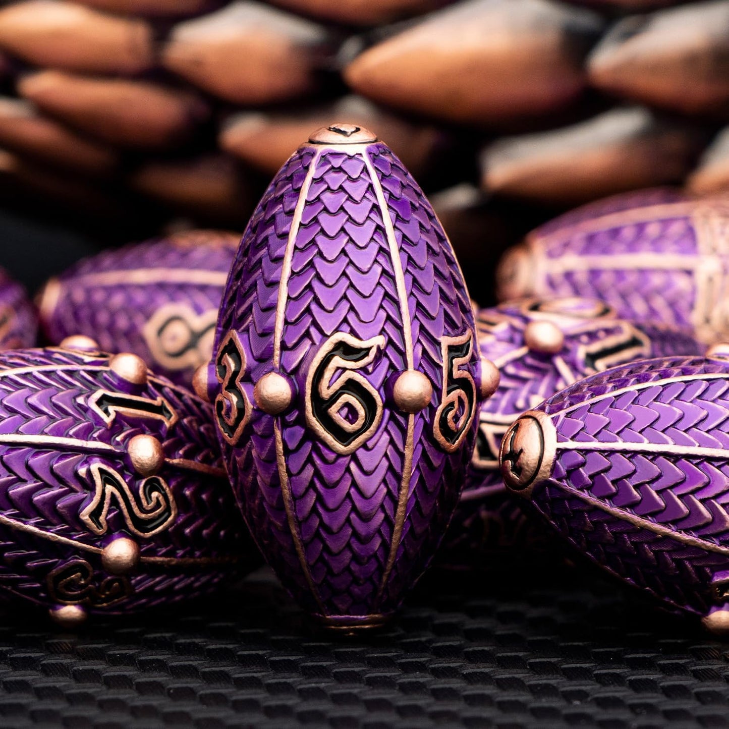 ARUOHHA DND Metal Dice Copper Purple Dragon Egg Dice with Rotating Dragon Egg Shell, Role Playing Game RPG Polyhedral D and D Dice Set D20 D12 D10 D8 D6 D4