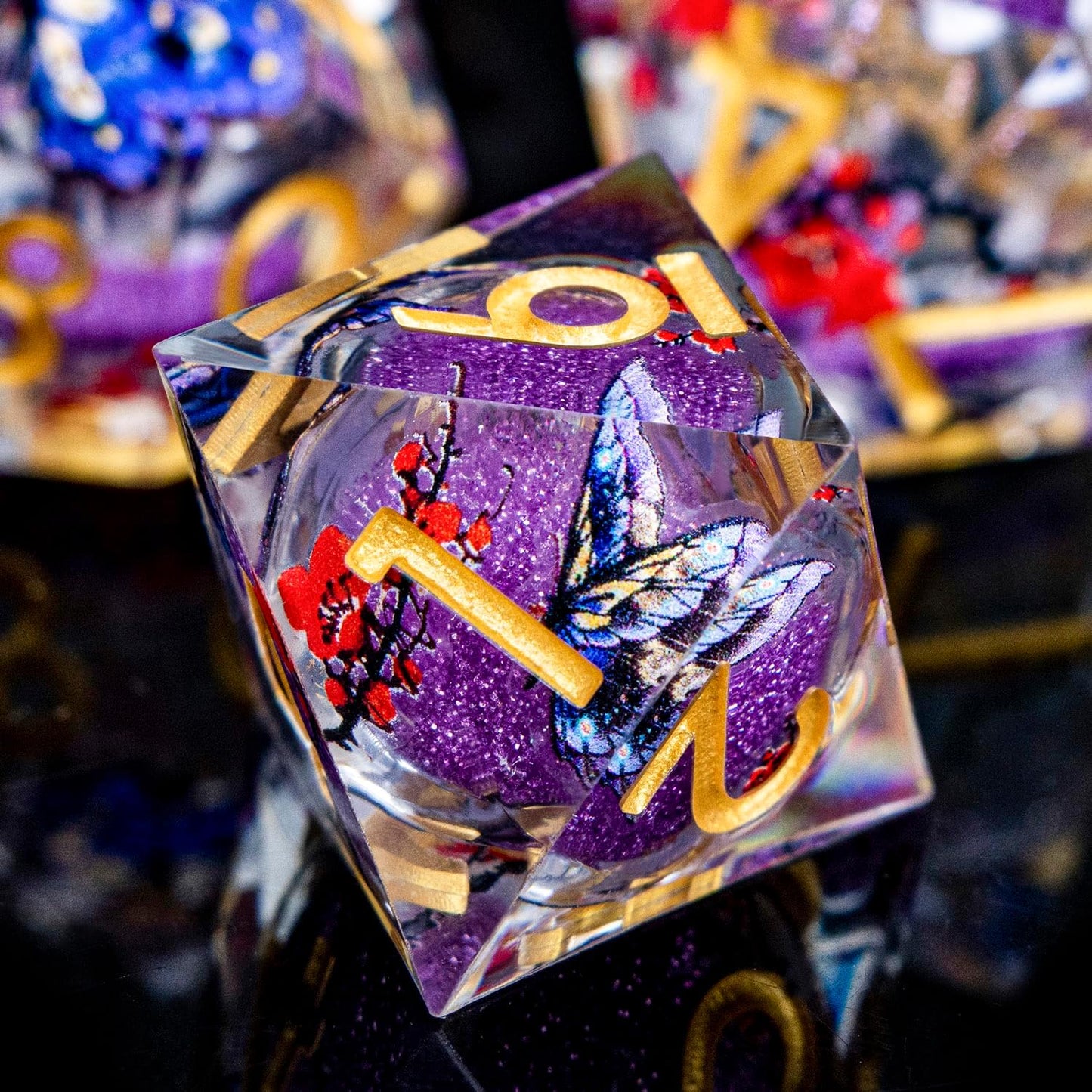 Butterfly DND Dice Purple Liquid Core Dice Set with Metal Box, Handmade Sharp Edge D and D Polyhedral Dice for use with D&D Role Playing Game, D20 D12 D10 D8 D6