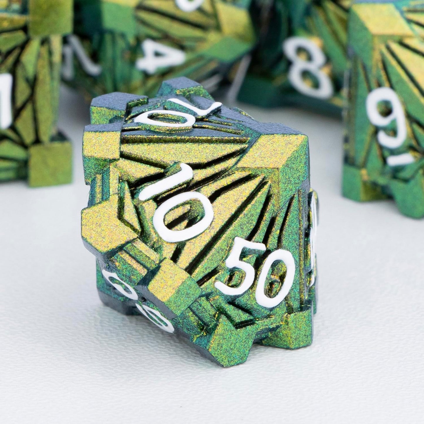 7PCS Metal DND Dice Set with Box, Debris RPG Green Yellow D and D Dice for use with D&D Tabletop Games Role Playing Game Polyhedral Dice Set D20 D12 D10 D8 D6 D4