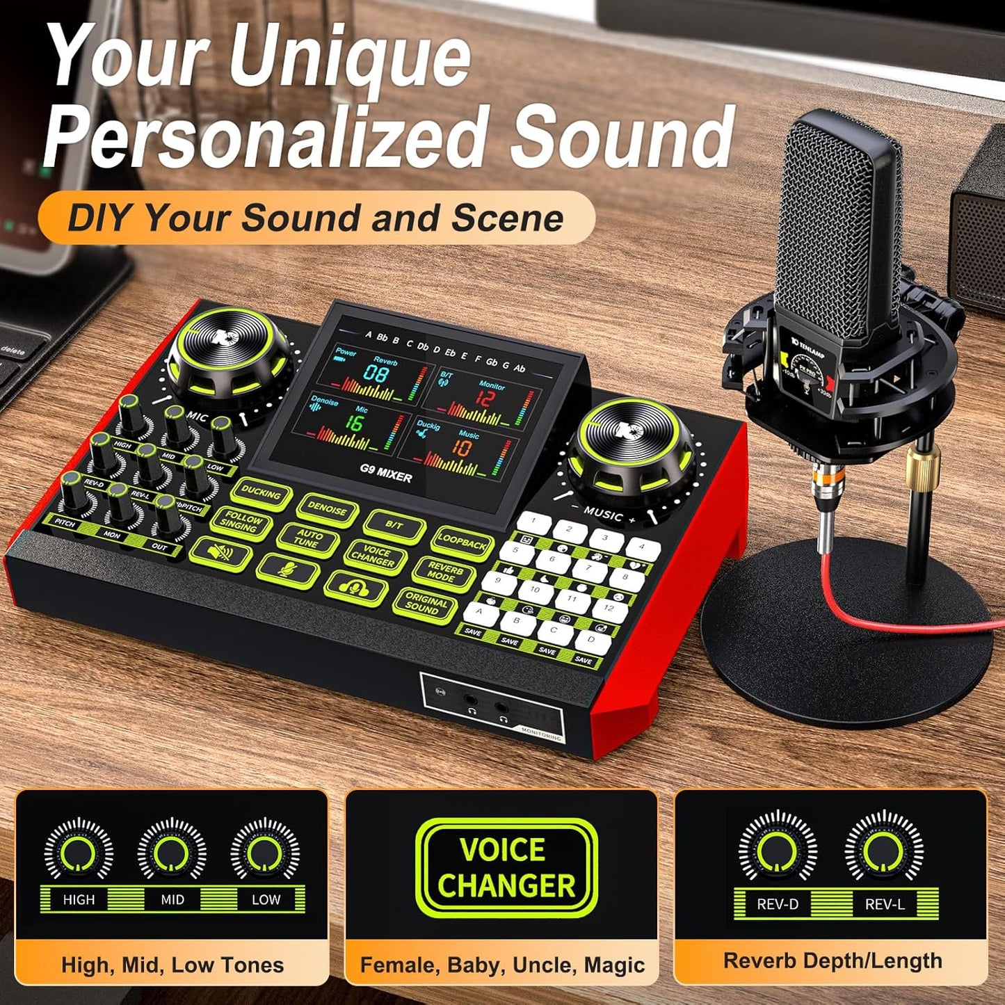 Podcast equipment bundle with live sound card audio mixer, podcast equipment with 3.5mm microphone, soundboard for phone, computer, live streaming, singing, recording, and content creation.