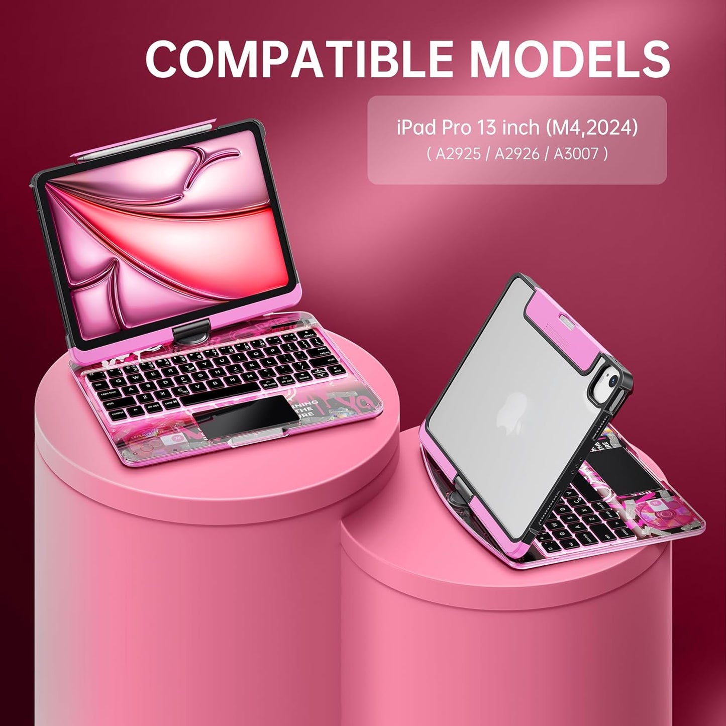 GUSGU Transparent Case with Wireless Keyboard only for 2024 iPad Pro 13-in.(M4), 7 Colors Backlight, Trackpad, 360°Rotating Stand for iPad Pro 13, Tech Style