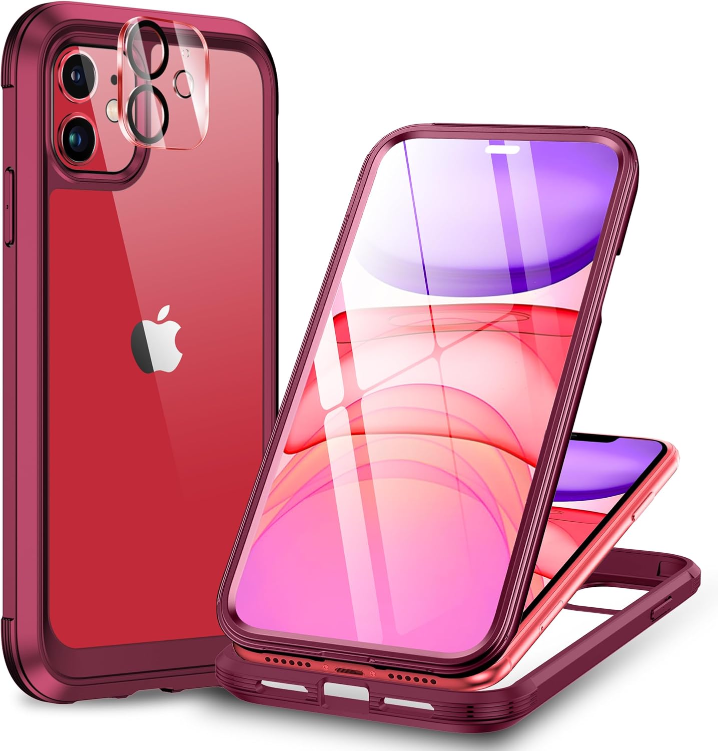 Miracase Glass Series for iPhone 11 Case 6.1 inch, Upgraded Full-Body Rugged Phone Bumper Case Cover with Built-in 9H Tempered Glass Screen Protector and Camera Protector, Wine Red
