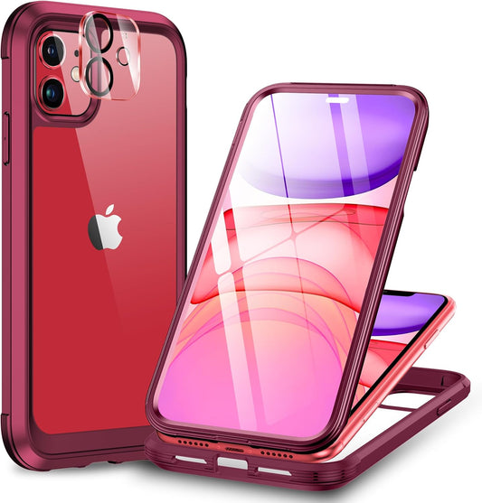 Miracase Glass Series for iPhone 11 Case 6.1 inch, Upgraded Full-Body Rugged Phone Bumper Case Cover with Built-in 9H Tempered Glass Screen Protector and Camera Protector, Wine Red