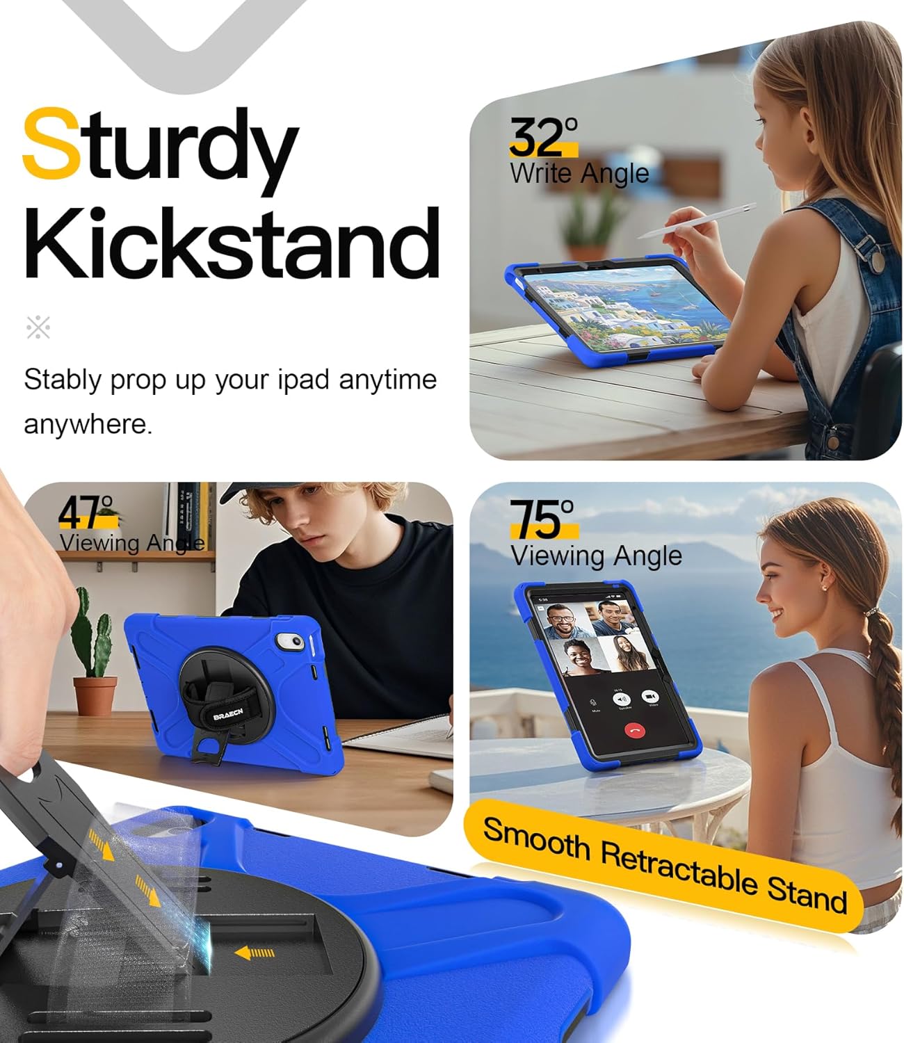 BRAECN for iPad (A16) 11th/10th Generation case 11/10.9 inch 2025/2022 Heavy Duty Shockproof Protective with Pencil Holder Screen Protector 360°Rotating Stand Handle & Shoulder Strap Full Body Cover