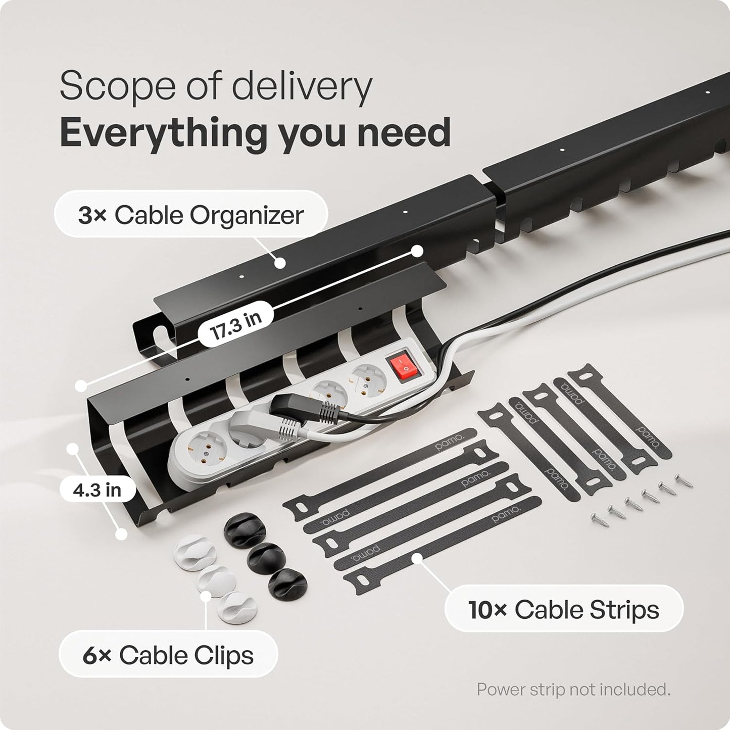 PAMO Cable Management Under Desk for Easy mounting Under-Table I Set of 3 - with 10X Cable Ties I Desk Organizer for Office/Home Office Table Thoughtful Cable Tray Holder