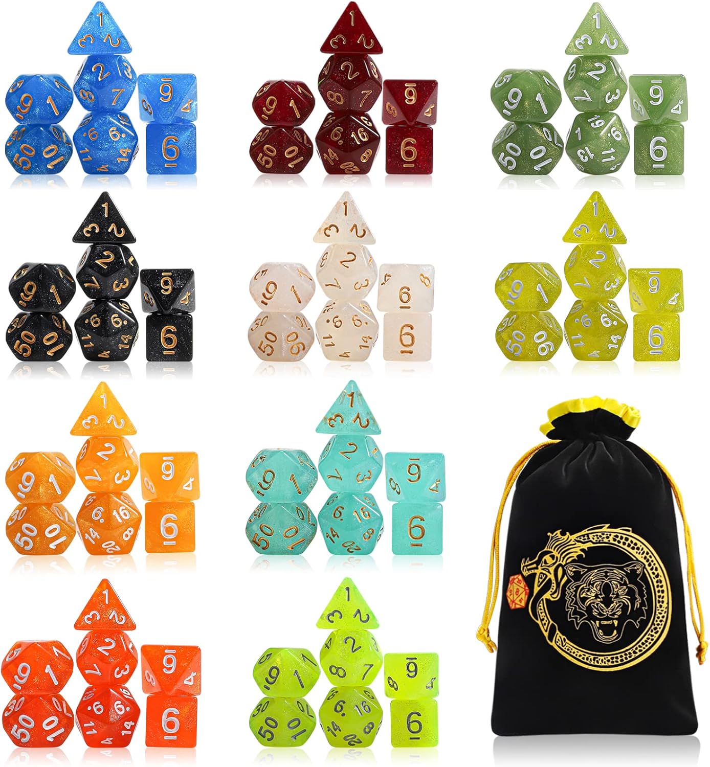 CiaraQ DND dice Set 10x7 Polyhedral Dice (70 pcs) for Dungeons and Dragons RPG MTG Role Playing Table Games with 1 Drawstring Bag