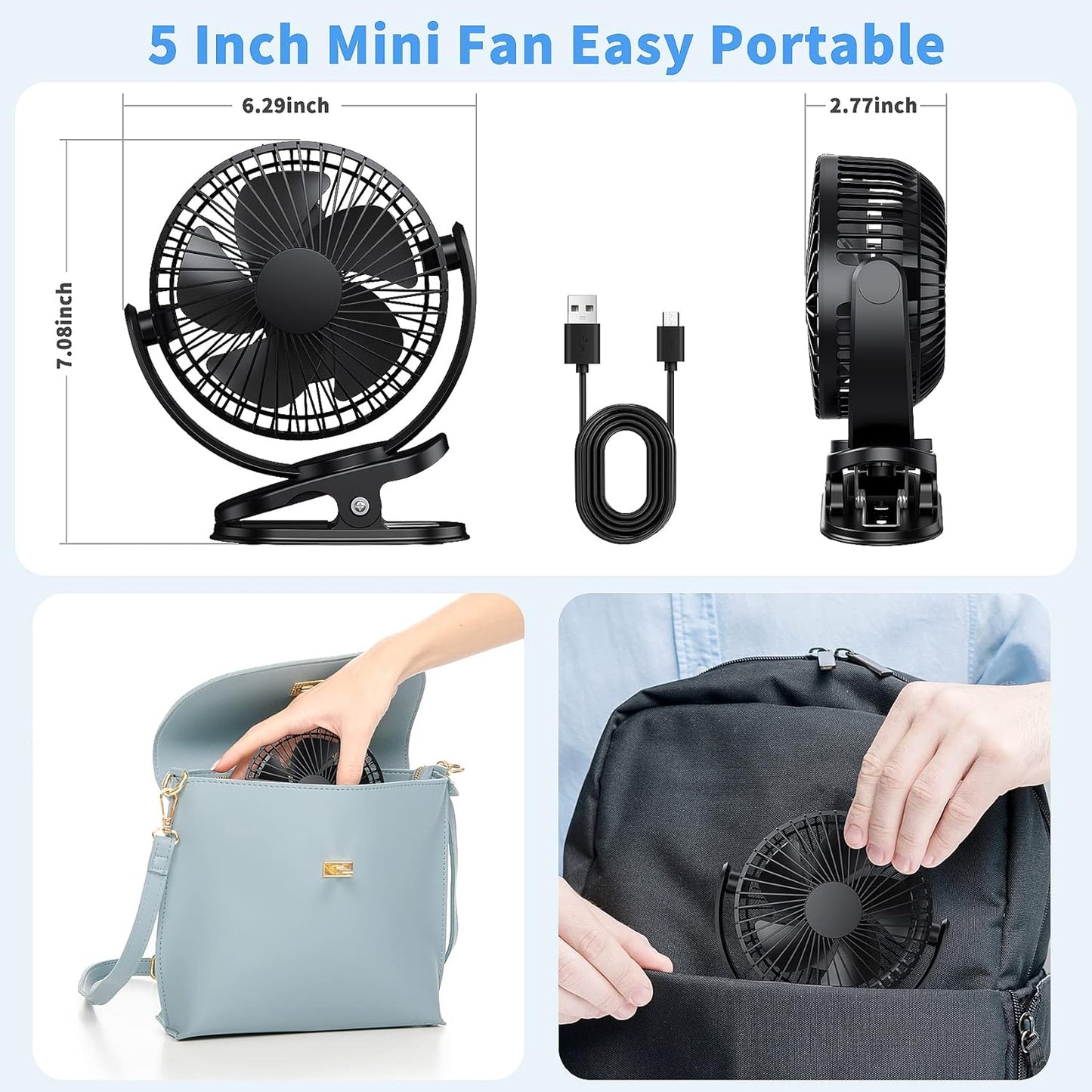 ATEngeus Rechargeable Clip-on USB Desk Fan, 3 Speeds, 5000mAh Battery, 720Rotation, Sturdy Clamp for Home, Camping, Treadmill and Car