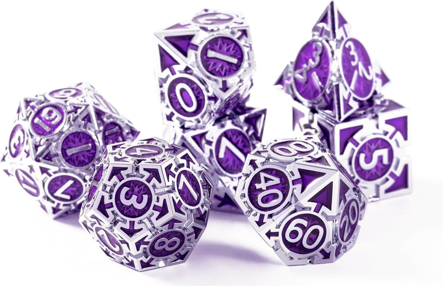 Metal DND Dice Set - High Artistic Making Dungeons and Dragons Dice, Large Weighted Metallic D&D Dice Sets - Polyhedral Role Playing Dice for MTG RPG, Silver Purple D and D Dice with DND Gift Box