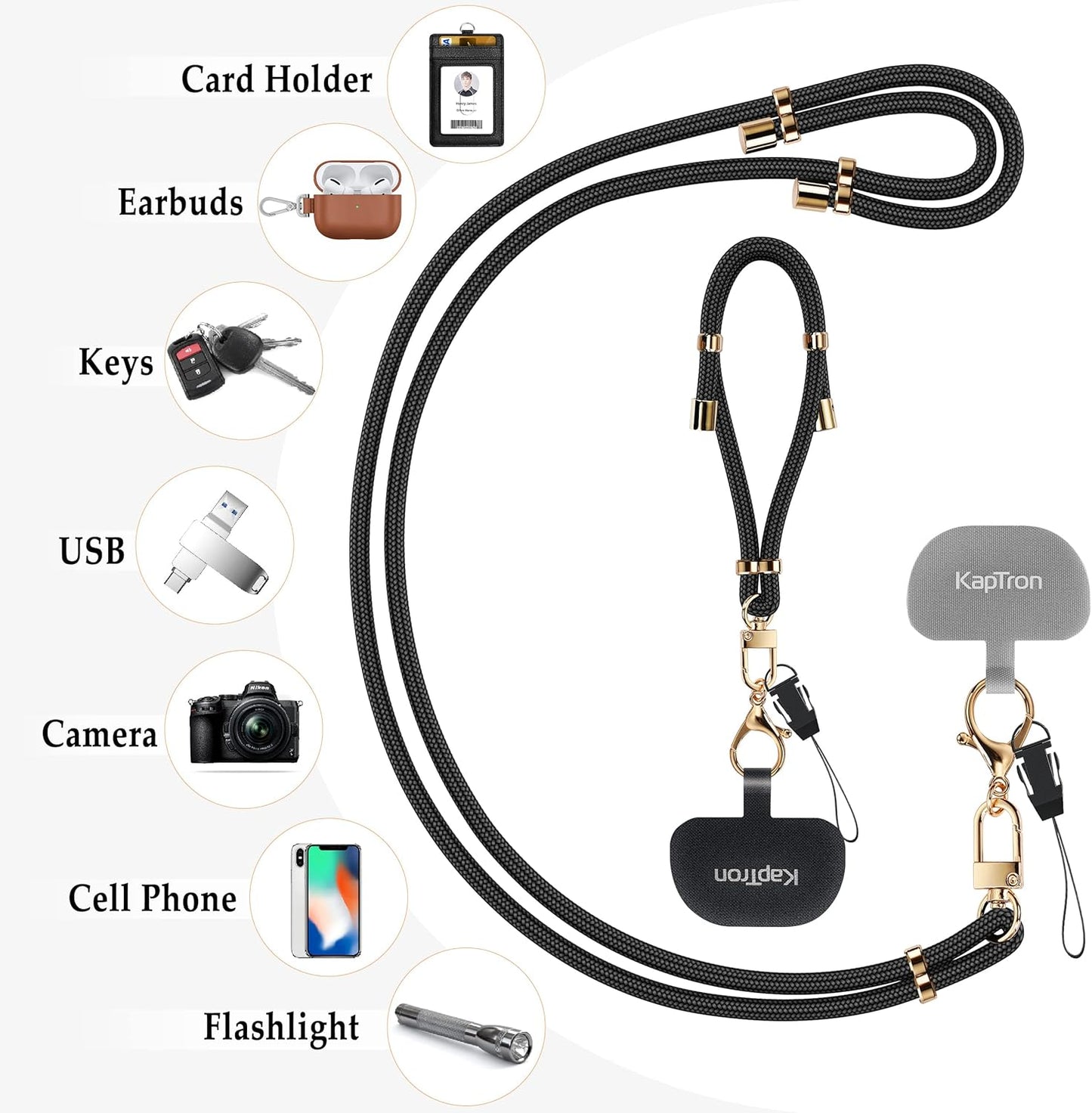 Universal Phone Lanyard with Wrist Strap, Adjustable Crossbody Cell Phone Lanyard Neck Strap and Wristlet Strap with 2 Lobster Clips, Phone Tether Patches and Phone Straps (Black/Gold, 2 Pack)