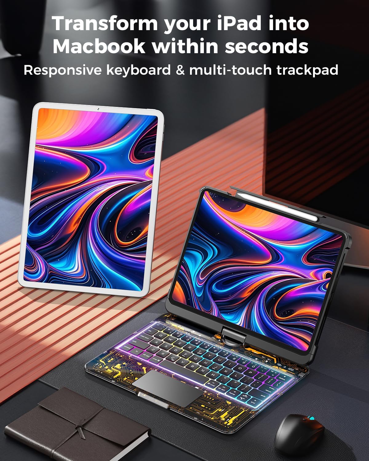 SIBEITU Keyboard Case for iPad Pro 13 Inch M5 2025 / M4 2024, Clear Wireless Protective Cover with Multi-Touch Trackpad, 7-Color Backlight & 3-Brightness, 360 Rotatable, Visible PCB Tech Design, Black