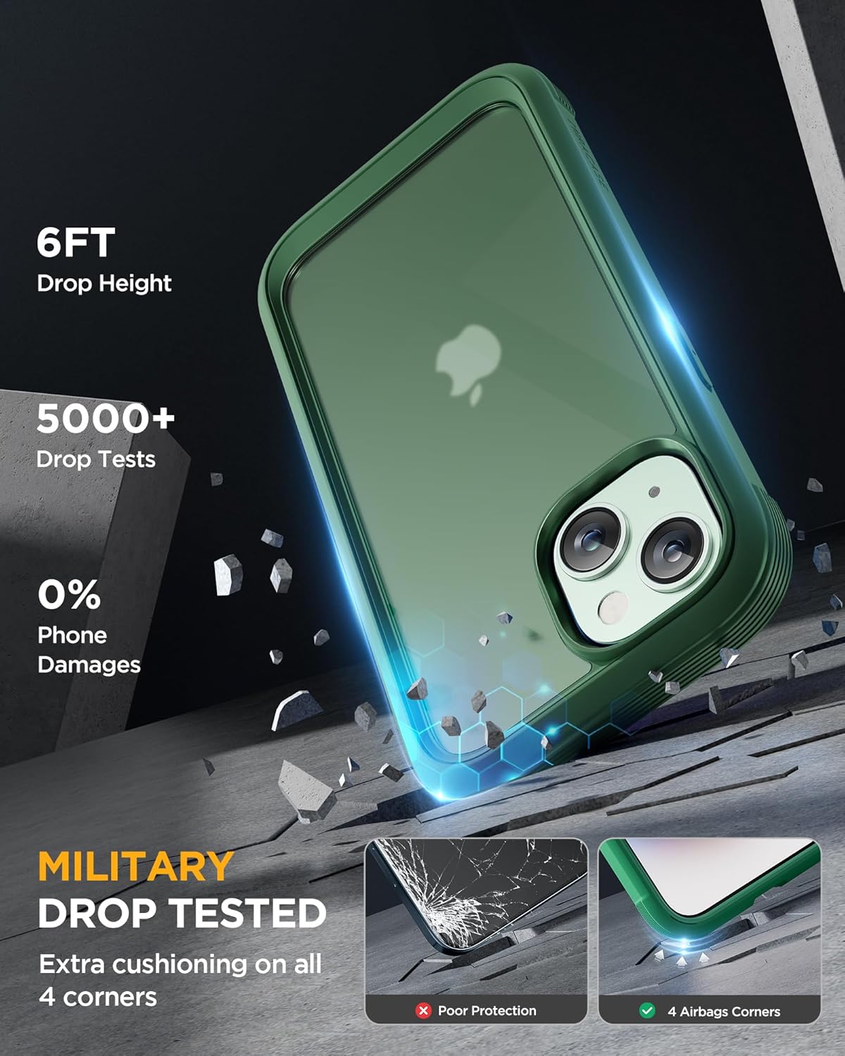 Miracase Glass Series for iPhone 15 Case [Compatible with MagSafe] Full-Body Magnetic Case with Built-in 9H Tempered Glass Anti-Fingerprint Screen Protector + Camera Lens Protector, Matte Green