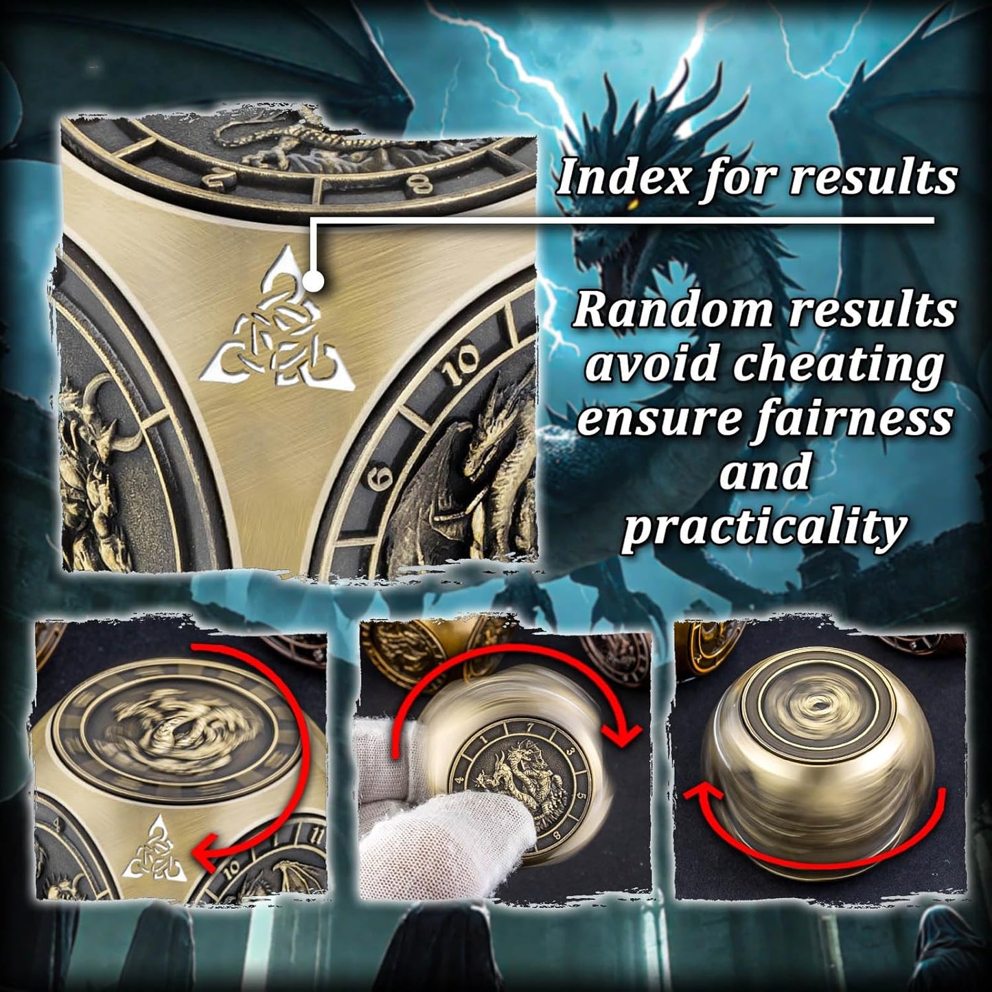 7 in 1 D6 Spinner DND Dice Set D&D, Metal Cube D and D Dice with Gift Box, Dungeons Dragons Role Playing Dice, Bronze