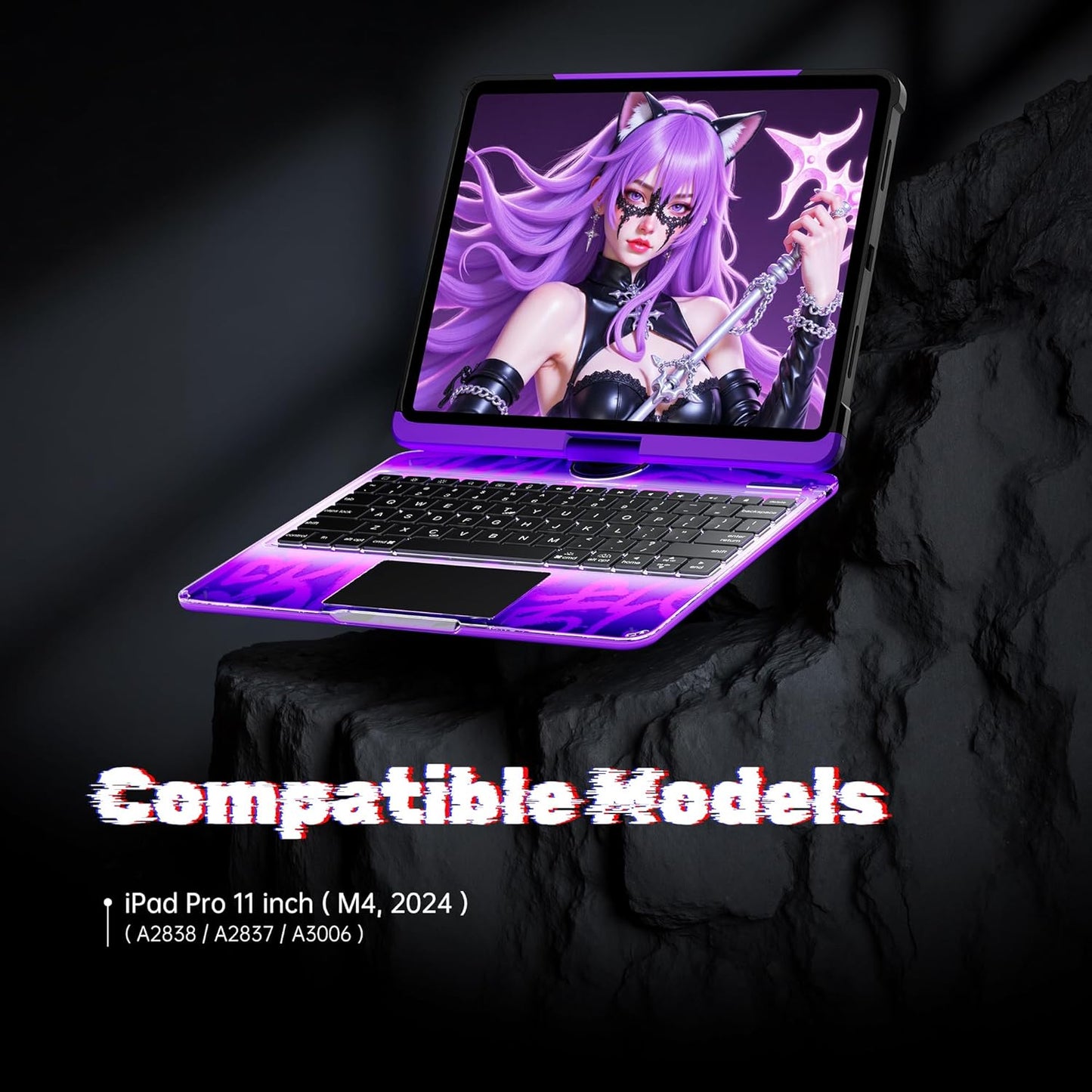 KITONE Transparent Case with Wireless Keyboard only for 2024 iPad Pro 11-in.(M4), 7 Colors Backlight, Trackpad, 360°Rotating Stand for iPad Pro 11(5th Gen), Tech Style