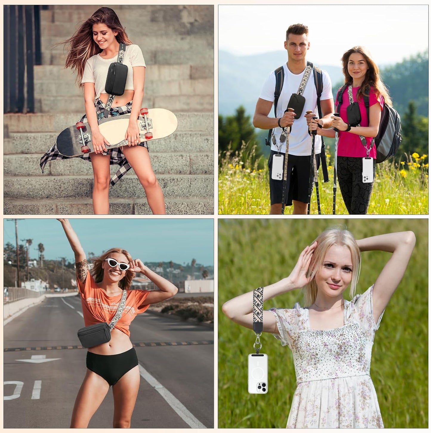 Clip and Go Strap for Phone with Wallet Crossbody, Adjustable Phone Lanyard with Detachable RFID Wristlet Wallet, Pattern Strap - Black (L)