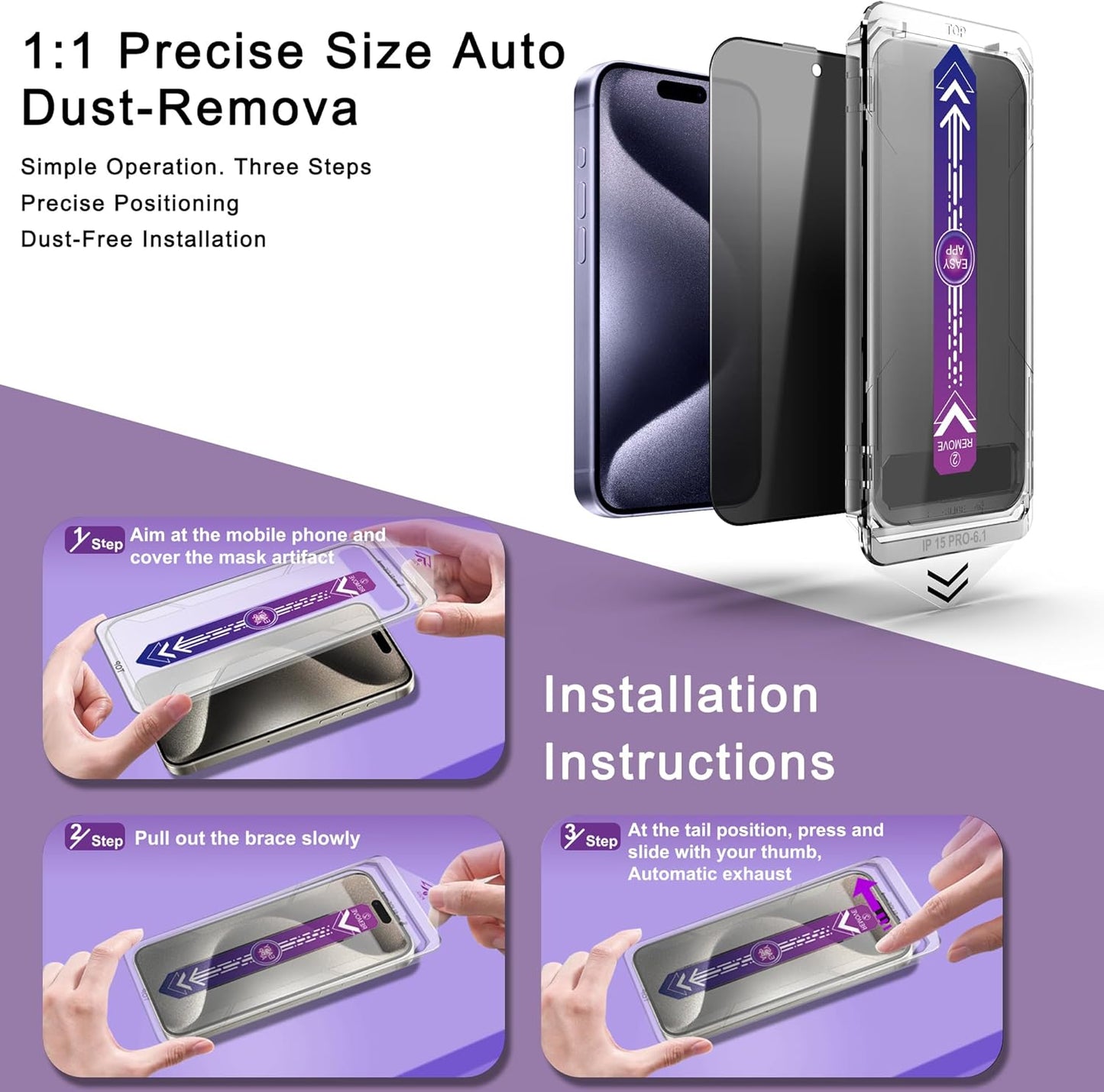 2 Pack Privacy Screen Protector for iPhone 15 Pro, 9H Tempered Glass, Full Coverage, Anti-Fingerprint, Auto Dust-Elimination, No Bubble, Easy Installation