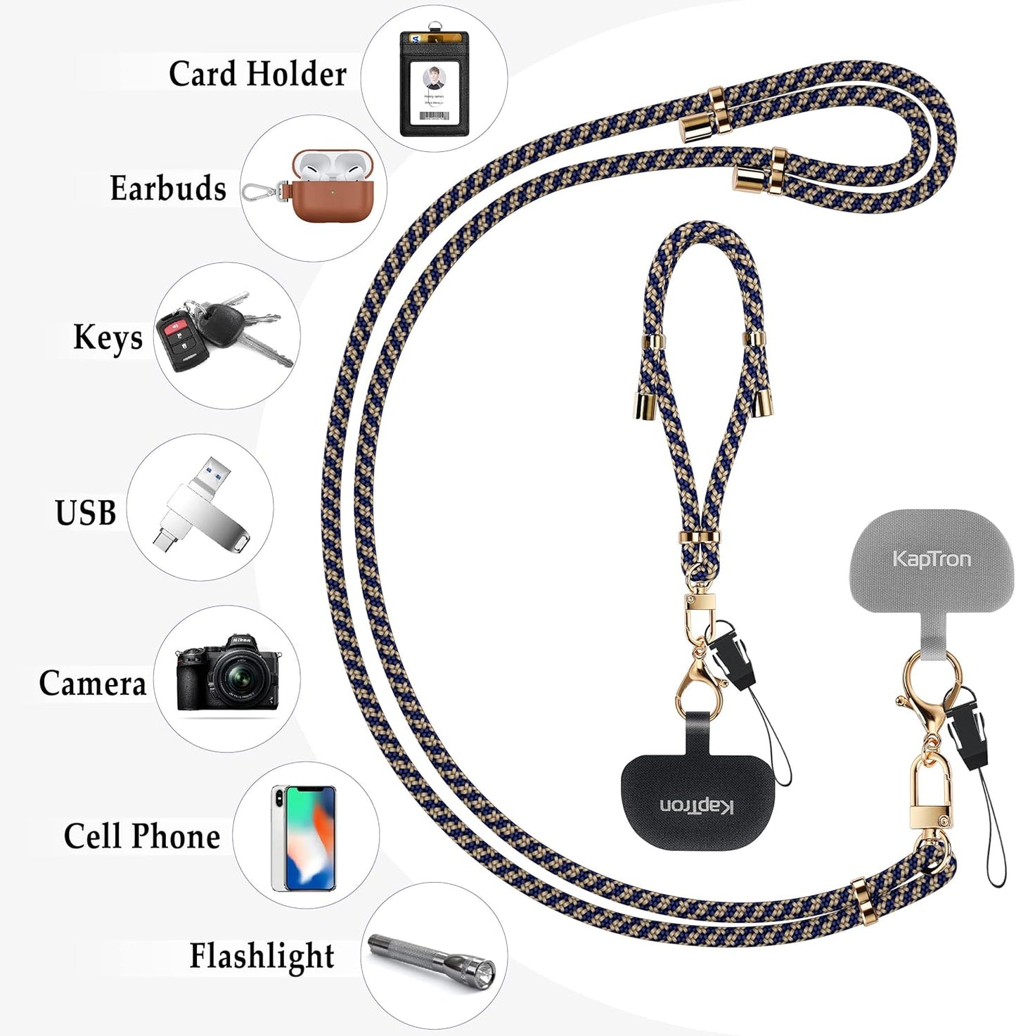 Universal Phone Lanyard with Wrist Strap, Adjustable Crossbody Cell Phone Lanyard Neck Strap and Wristlet Strap with 2 Lobster Clips, Phone Tether Patches and Phone Straps (Beige/Navy Blue, 2 Pack)
