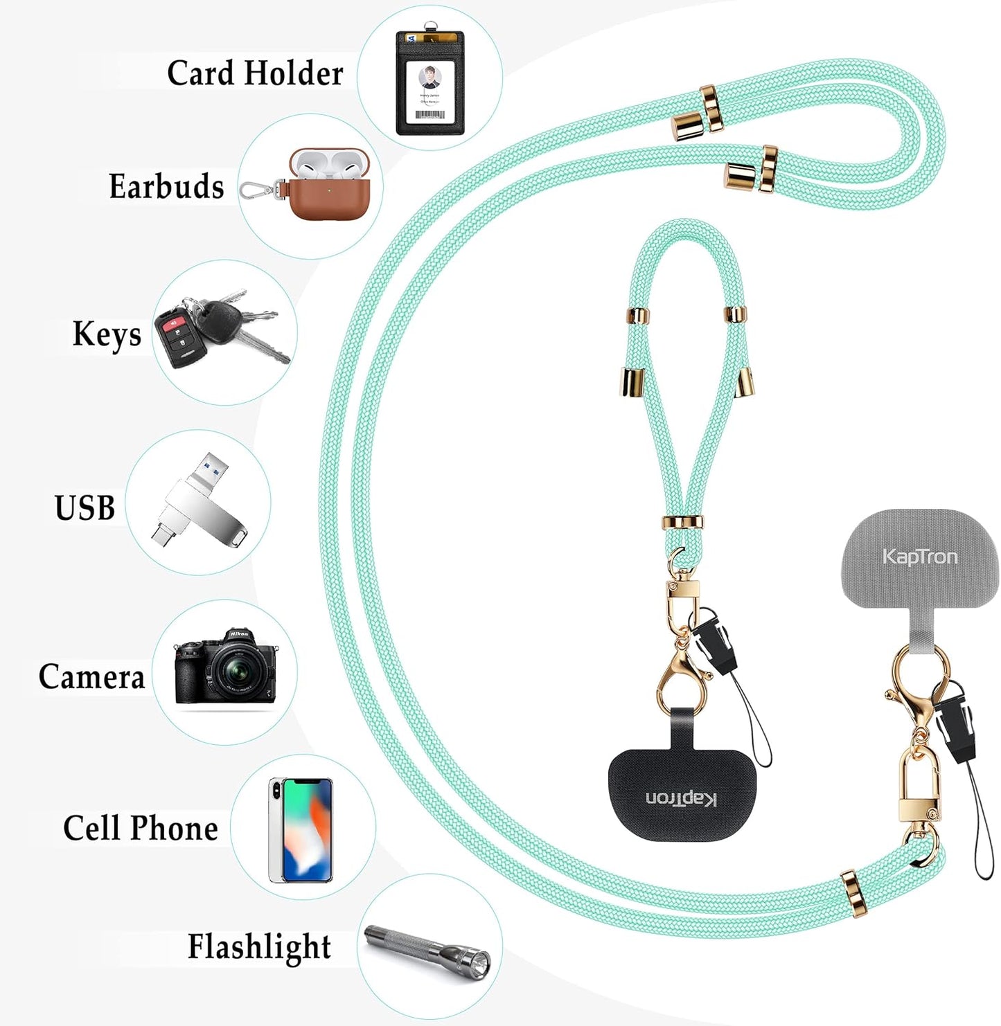 Universal Phone Lanyard with Wrist Strap, Adjustable Crossbody Cell Phone Lanyard Neck Strap and Wristlet Strap with 2 Lobster Clips, Phone Tether Patches and Phone Straps (Mint Green, 2 Pack)