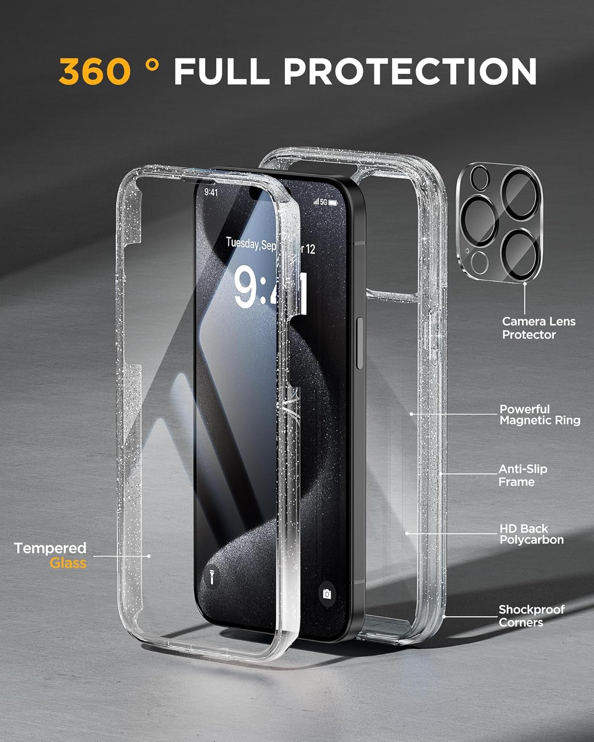 Miracase Glass Series for iPhone 15 Pro Max Case 6.7 Inch, Full-Body Drop Proof Phone Case for iPhone 15 Pro Max with Built-in 9H Tempered Glass Screen Protector + Camera Protector, Clear Glitter