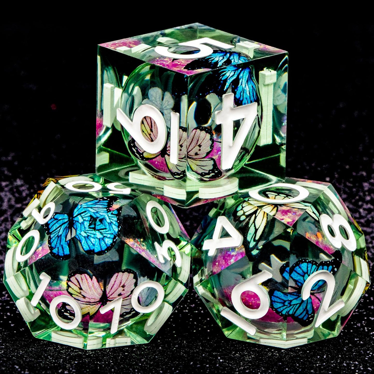 Butterfly DND Dice Pink Liquid Core Dice Set with Metal Box, Handmade Sharp Edge D and D Polyhedral Dice for use with D&D Role Playing Game, D20 D12 D10 D8 D6