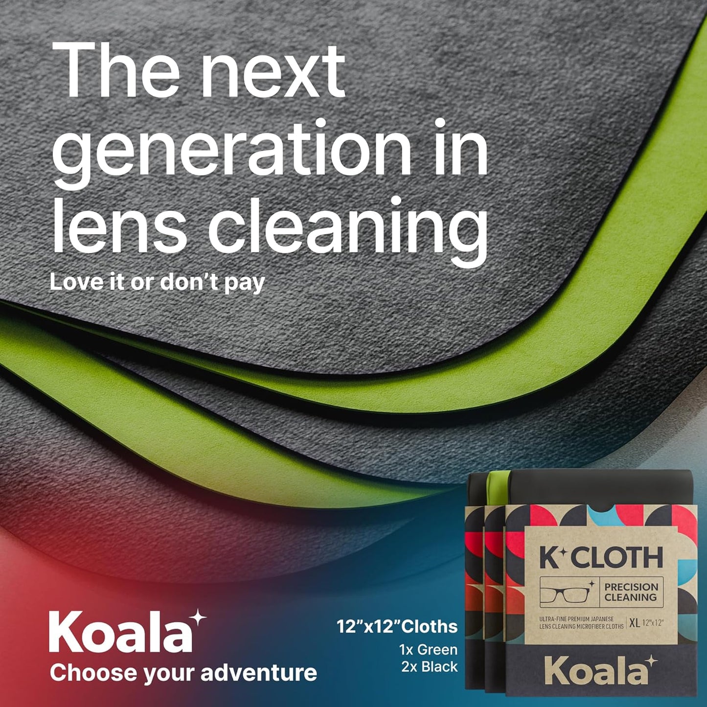 Koala Lens Cleaning Cloth | Japanese Microfiber | Glasses Cleaning Cloths | Eyeglass Lens Cleaner | Eyeglasses, Camera, VR/AR Headset, and Screen Cleaner | Black & Green (Pack of 3)