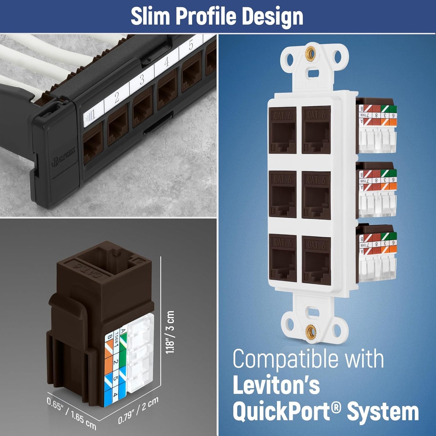 Everest 90° Angled RJ45 Cat6 Keystone Jacks 50-Pack in Brown - Slim Profile Female RJ45 Connectors - Cat 6 Keystone Jack - Compatible with 90° Angled Speed Termination Tool - easyJACK (B094WB91H3)