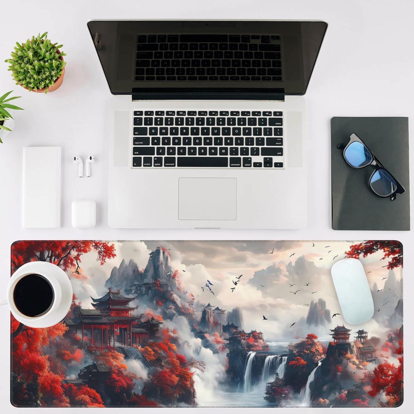 Mouse Pad Large Chinese-Style Landscape Painting Non-Slip Gaming Desk Mat with Stitched Edge Laptop Keyboard Desk Pad for Work Home Gaming (35.4 x 15.7 Inches)