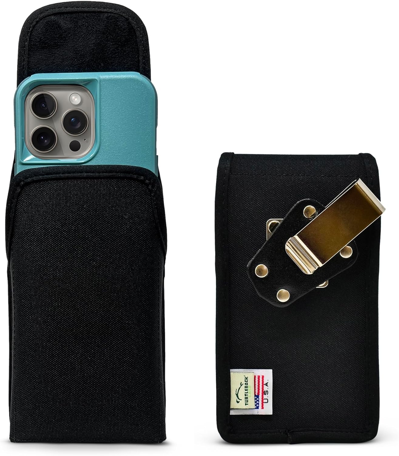 Turtleback Belt Clip for iPhone 16 Pro, 16e, 15 pro 14 Pro 13 Pro -Medium- Fits w/Shockproof Commuter Style Cases - Premium Black Nylon, Vertical Belt Holder, Magnetic Closure, HD Rotating Clip
