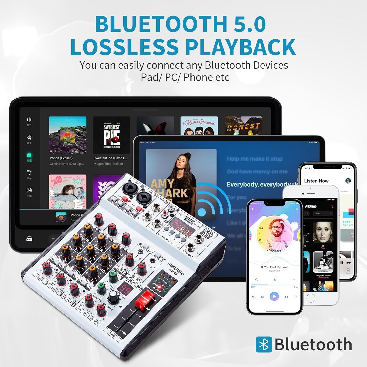 6 Channel Audio Mixer Professional Sound Board Console w/99 DSP Effects 48V Phantom Power Bluetooth USB Interface Stereo DJ Mixer Board for Karaoke Live Performance DJ Stage