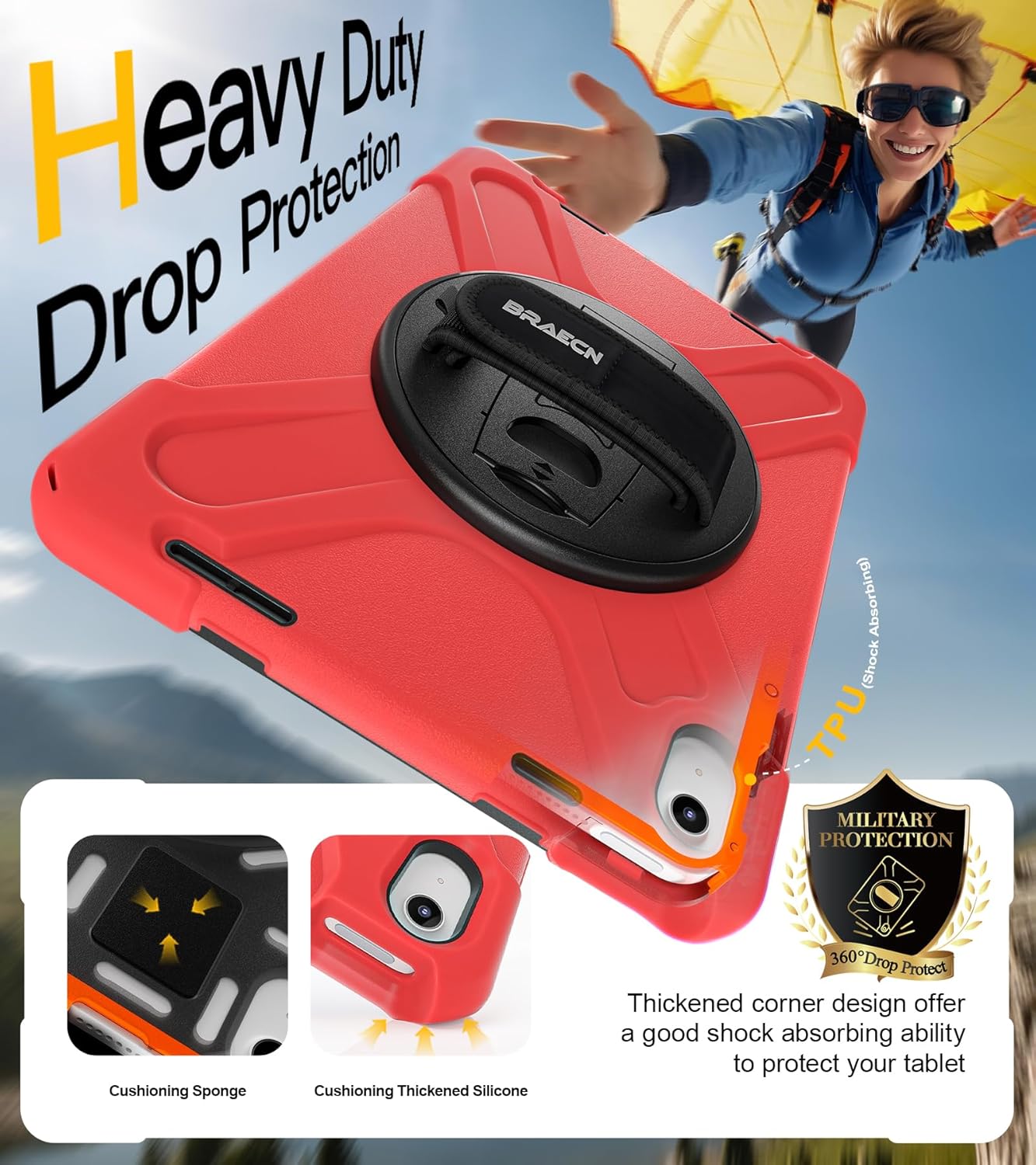 BRAECN for iPad (A16) 11th/10th Generation case 11/10.9 inch 2025/2022 Heavy Duty Shockproof Protective with Pencil Holder Screen Protector 360°Rotating Stand Handle & Shoulder Strap Full Body Cover