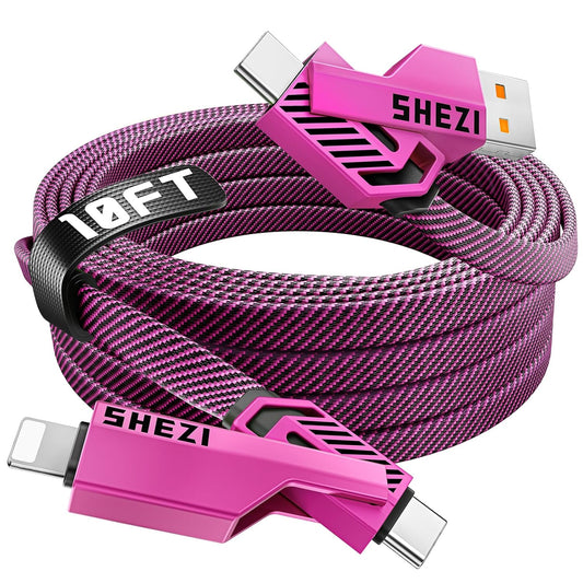 SHEZI [Upgraded 2.0] 4-in-1 USB C Cable 60W 10FT Fast Charging [480Mbps Data Sync] Flat Nylon Braided Charger Cord Combo, USB A/C to C/L Multi Charge Cable for iPhone/iPad & Most Devices, Pink