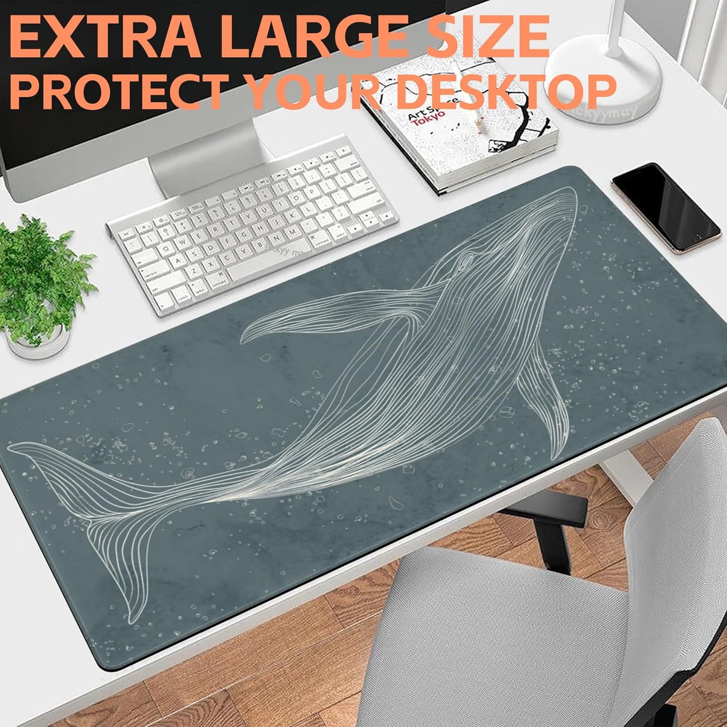 Mouse Pad Large Hand Drawn Whale Non-Slip Gaming Desk Mat with Stitched Edge Laptop Keyboard Desk Pad for Work Home Gaming (35.4 x 15.7 Inches)