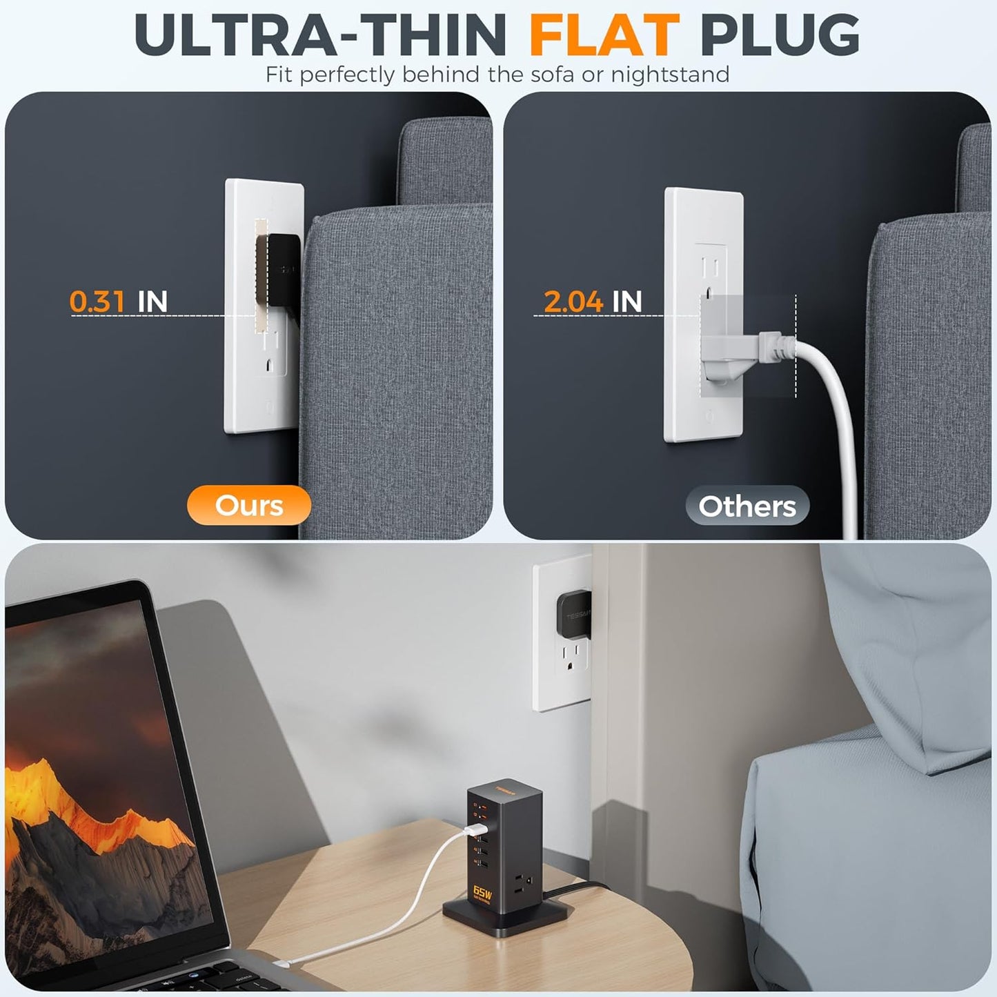 USB Charging Station for Multiple Devices PD 65W, TESSAN 9-in-1 USB C Charger Block for iPhone 16/15, MacBook, Tablet, Type C Desktop Charger with 3 AC, Home Travel Office Accessories