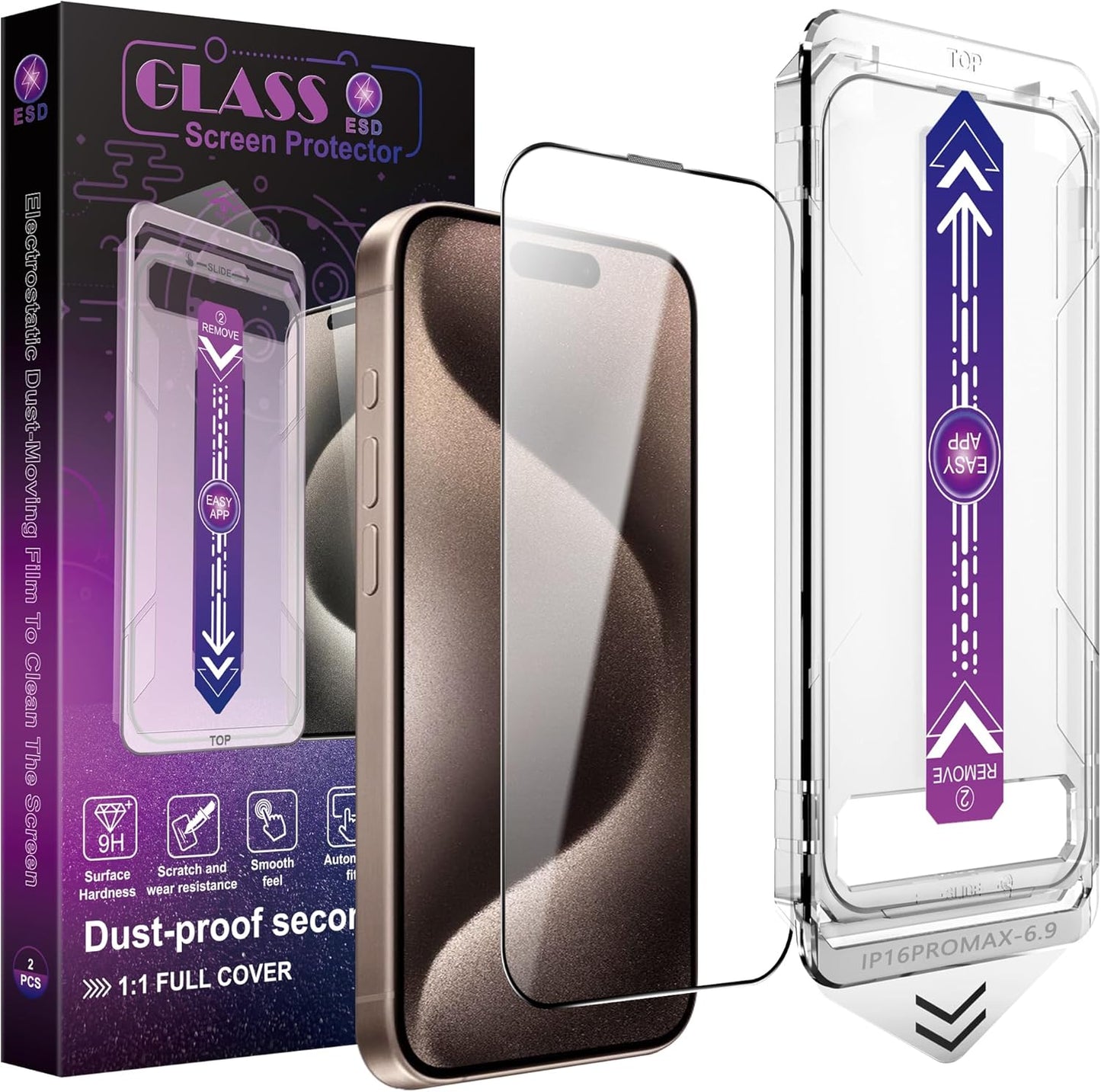 2 Pack Screen Protector for iPhone 16 Pro Max, 9H Tempered Glass, Full Coverage, Anti-Fingerprint, Auto Dust-Elimination, No Bubble, Easy Installation
