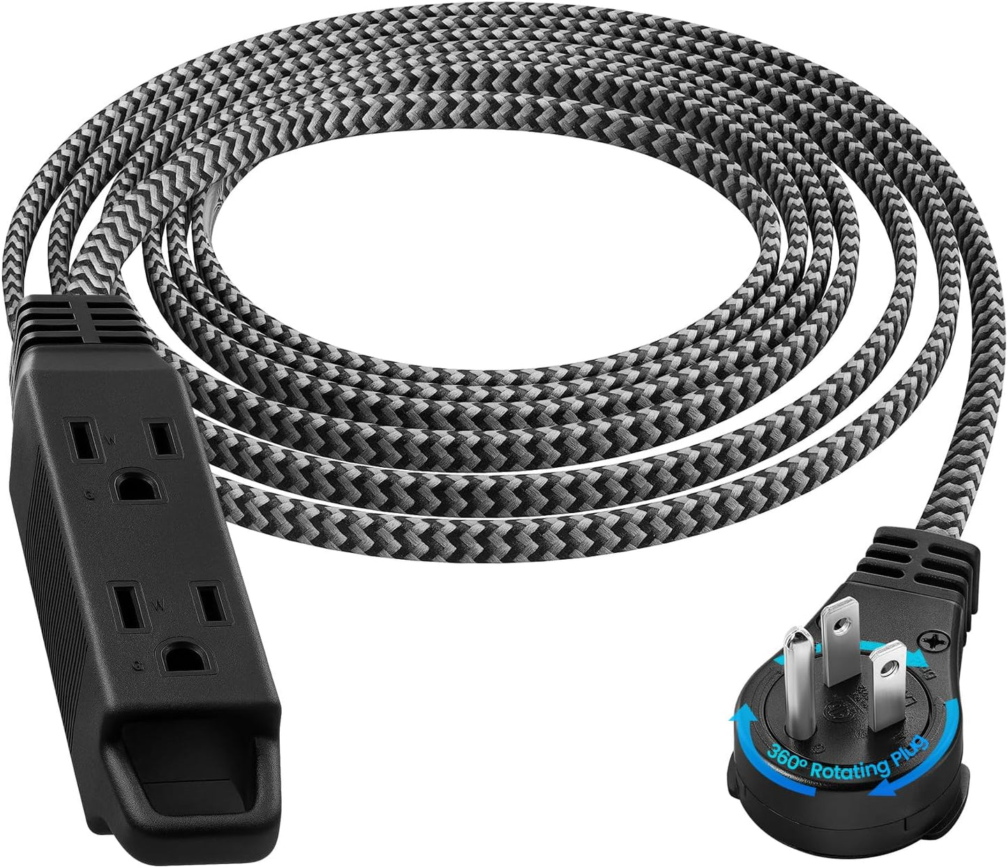 SURAIELEC 10FT 360° Rotating Flat Plug Extension Cord Flat Wall Plug with 3 Outlets, Braided Flat Black Extension Cord for Indoor Use, Small Space, 16/3C SPT, ETL Listed