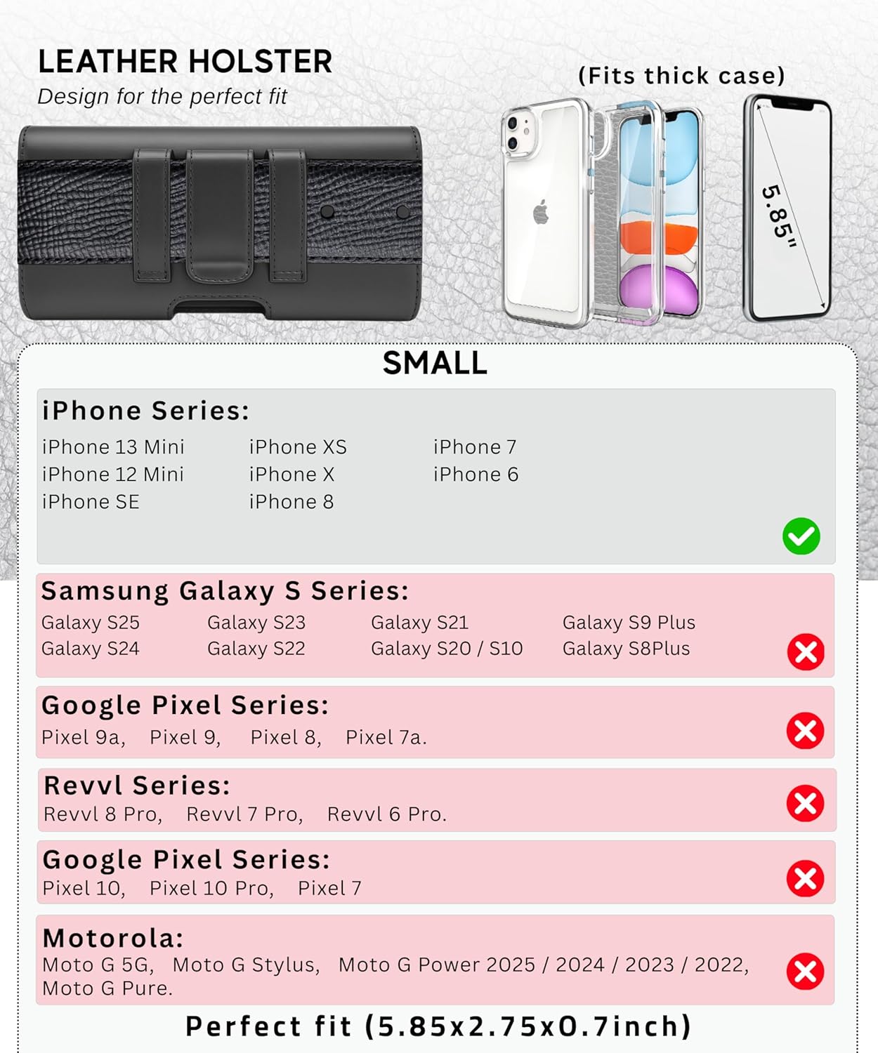 Leather Phone Holster for Men & Women, Horizontal Cell Phone Case, Fits iPhone 13/12 Mini, SE, Xs/X, 8, 6s - Belt Clip/Loop Carrying Phone Pouch Holder, Black Small