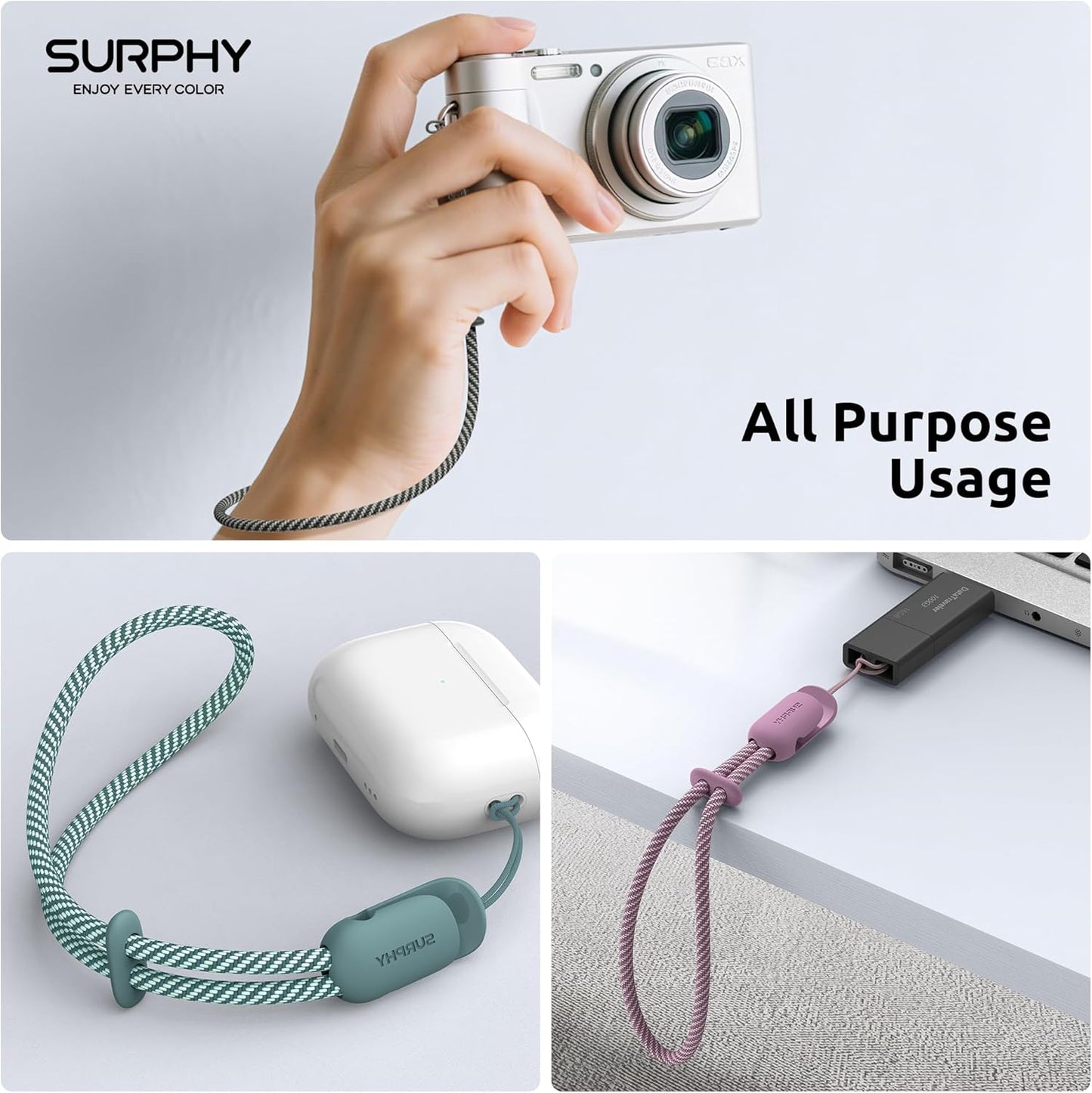 SURPHY 3 Pack Phone Wrist Strap with CellPhone Tether Tab, Cellphone Lanyard, Phone Strap with 2-Color Braided, Wrist Lanyard