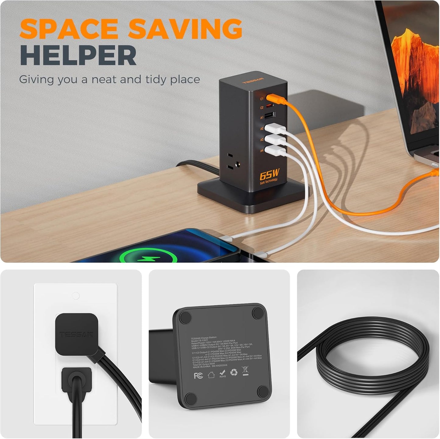 USB Charging Station for Multiple Devices 10Ft Cord, TESSAN 9-in-1 USB C Charger Block PD 65W for iPhone 16/15, MacBook, Tablet, Type C Desktop Charger with 3 AC, Home Travel Office Accessories