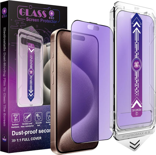 2 Pack Anti Blue Light Matte Screen Protector for iPhone 16 Pro Max, 9H Tempered Glass, Full Coverage, Anti-Fingerprint, Auto Dust-Elimination, No Bubble, Easy Installation