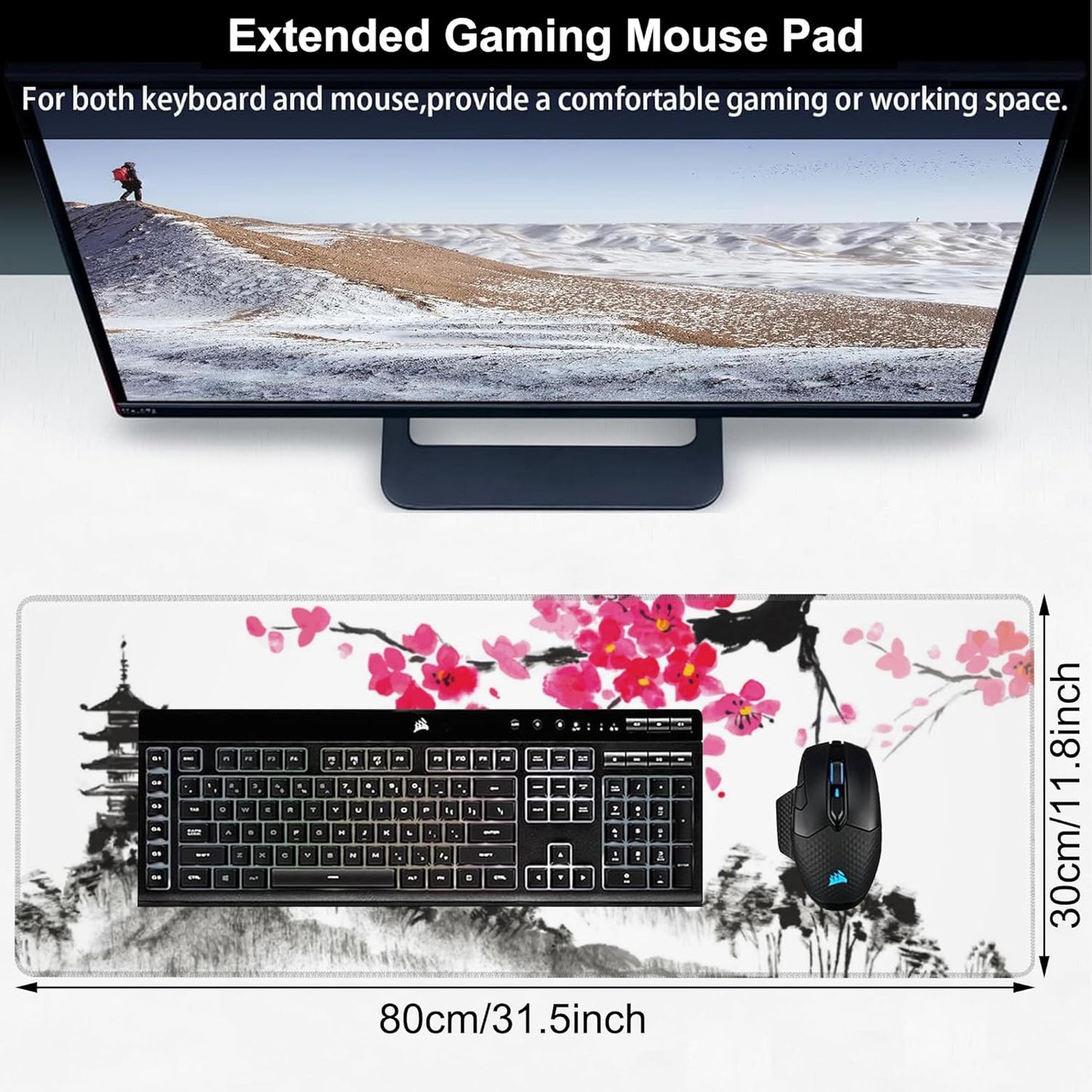 Chinese Ink Painting Desk Mat,Large Abstract Landscape Painting Gaming Keyboard Mouse Pad,Non-Slip Rubber Base Desk Pad Thick Stitched Edges Waterproof Mousepad Mouse Mat 31.5"x11.8"