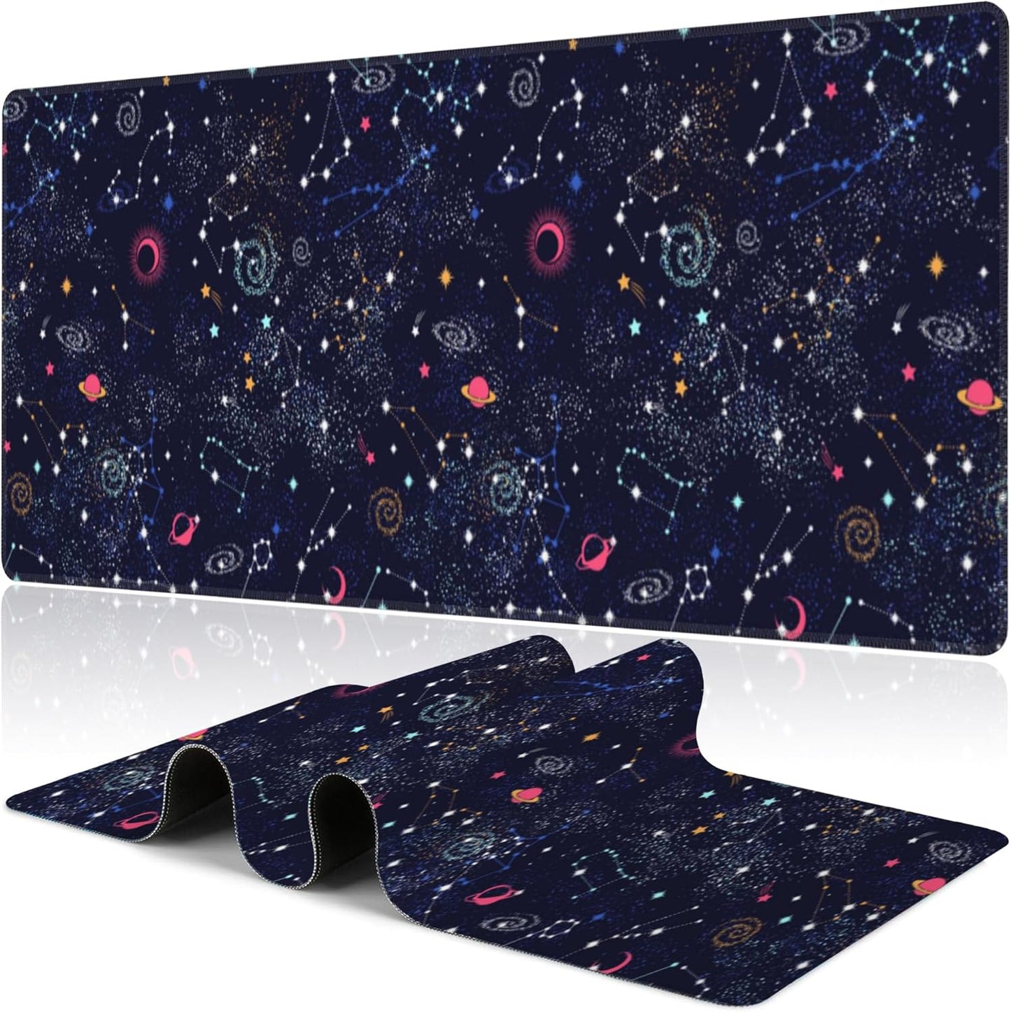 Space Galaxy Constellation Desk Mat,Large Milky Way Galaxy Space Gaming Keyboard Mouse Pad,Non-Slip Rubber Base Desk Pad Thick Stitched Edges Waterproof Mousepad Mouse Mat 31.5"x11.8"