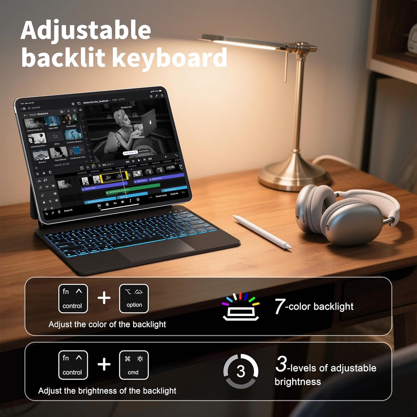 Keyboard Case for iPad Air 13 Inch (M3 2025/M2 2024),iPad Pro 12.9 inch (3/4/5/6th Gen)–Magic-Style Magnetic Keyboard Case with 7 Color Backlight,Multi-Touch Trackpad,Floating Cantilever Stand