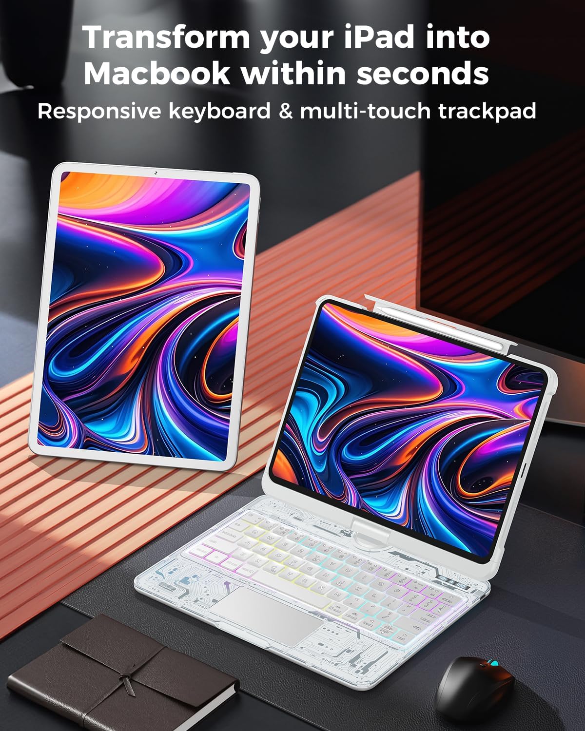 SIBEITU Keyboard Case for iPad Pro 13 Inch M5 2025 / M4 2024, Clear Wireless Keyboard iPad Pro 13inch Cover with Multi-Touch Trackpad, 7-Color Backlight & 3-Brightness, Visible PCB Tech Design, White
