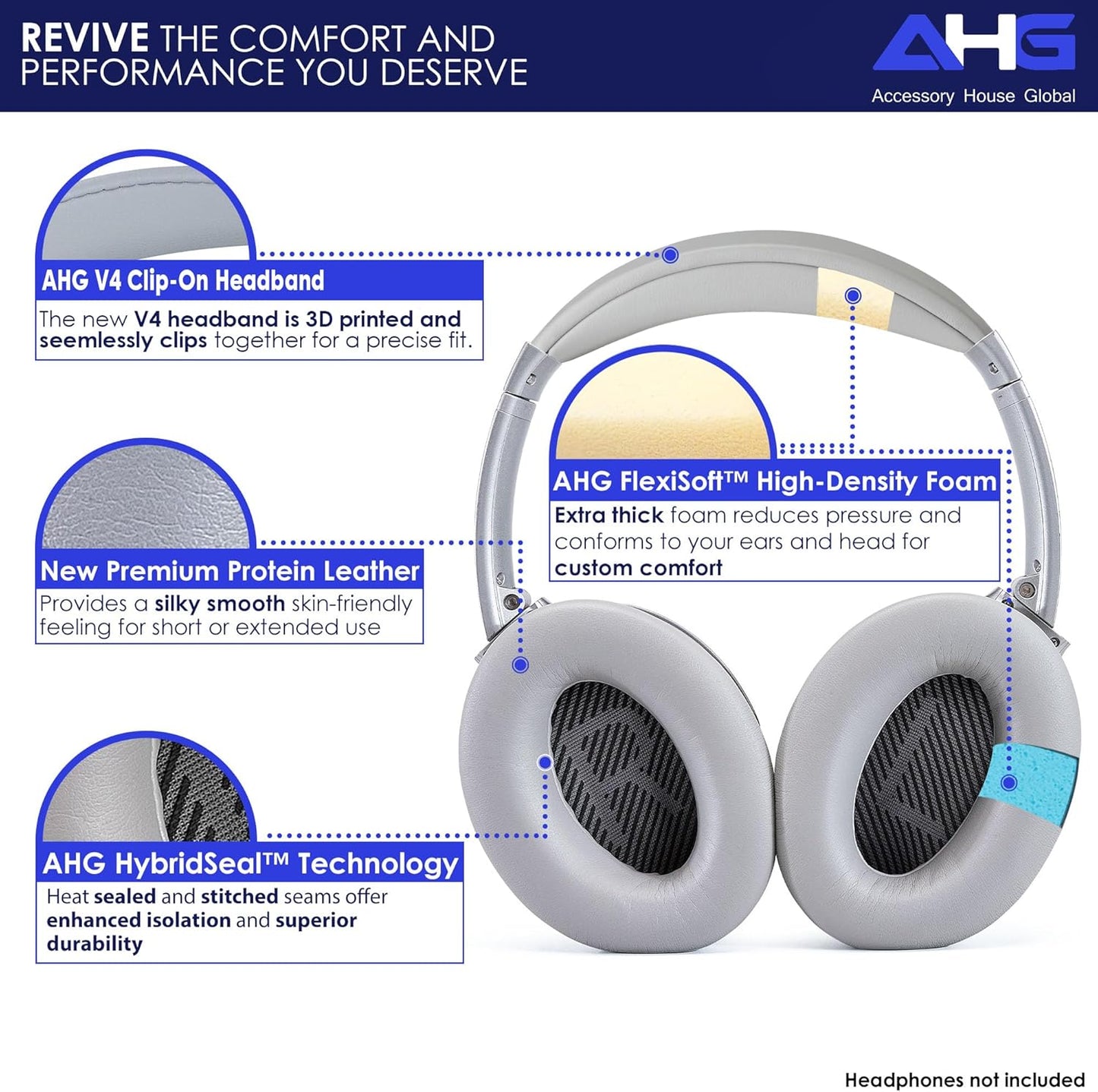 Replacement QC Ear Pad and Headband Pad Kit Cushion. Compatible with Bose QuietComfort (2023) QC45 QC35 QC35 II QC SC QC SE Wireless Noise Cancelling Headphones (Grey)