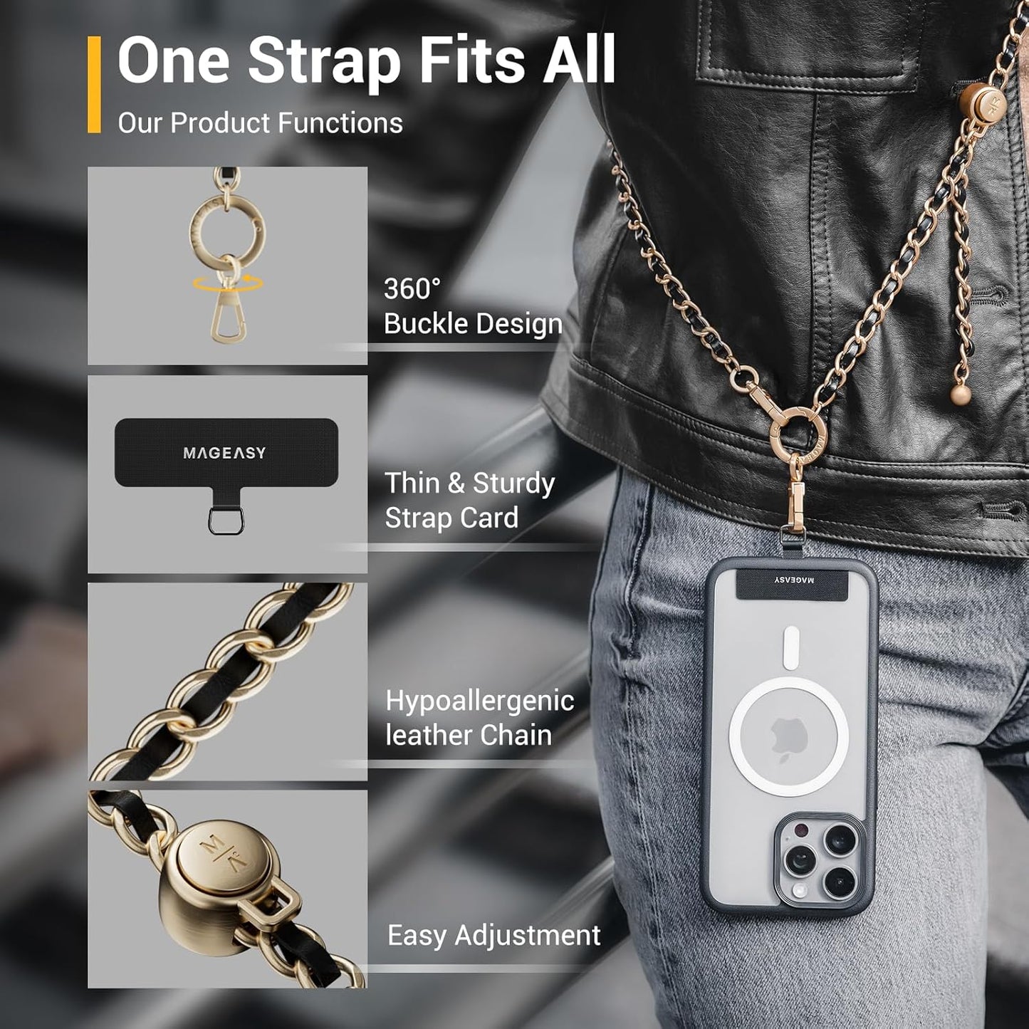 MAGEASY Crossbody Phone Chain Strap - Universal Metal Crossbody Phone Lanyard With Adjustable Length, Chic Cell Phone Necklace Phone Strap for iPhone & Android Phones - Modern Gold Metal