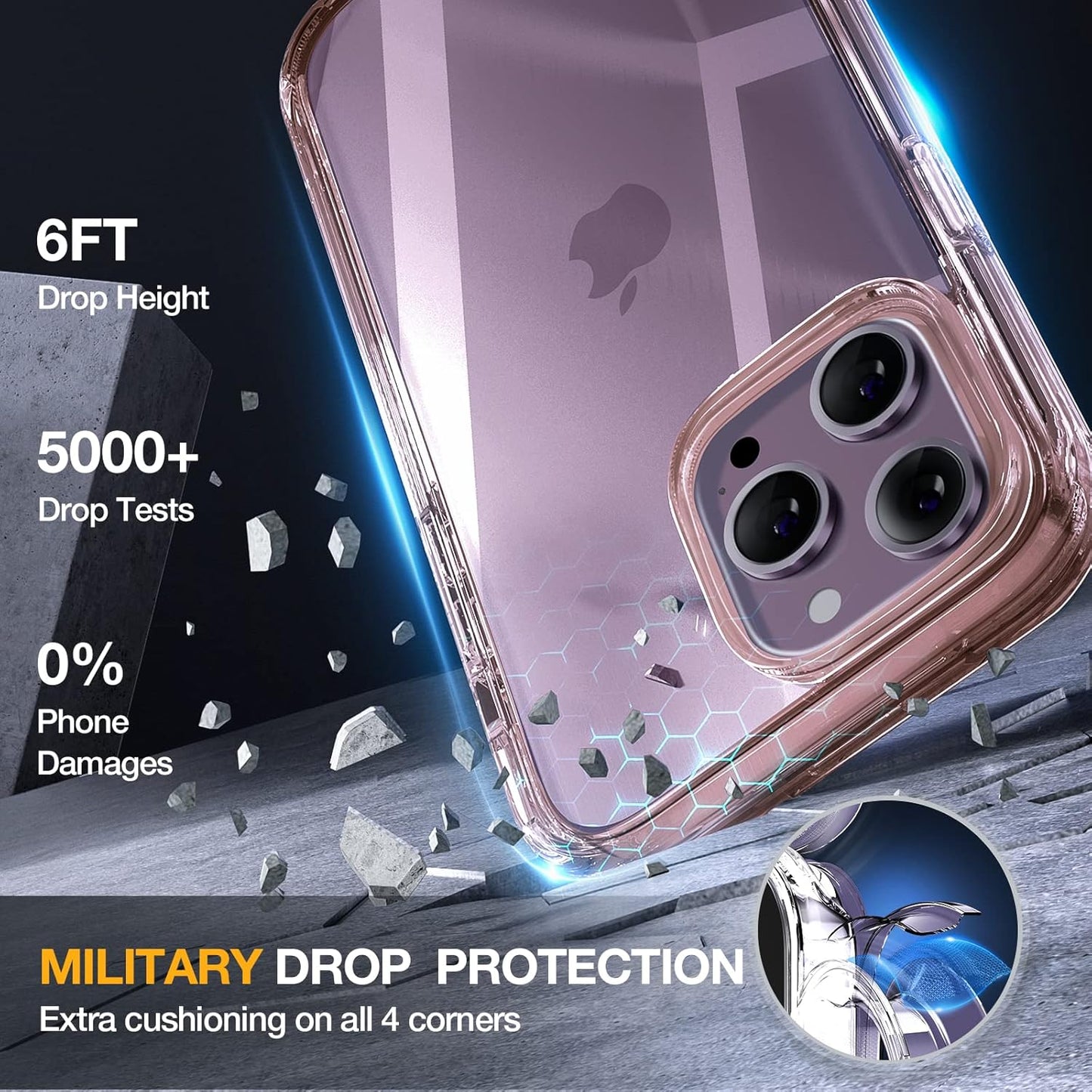 Miracase Glass Series Designed for iPhone 14 Pro Case 6.1 Inch, Upgrade Full-Body Bumper Case with Built-in 9H Tempered Glass Screen Protector, with Camera Lens Protector, Clear Pink