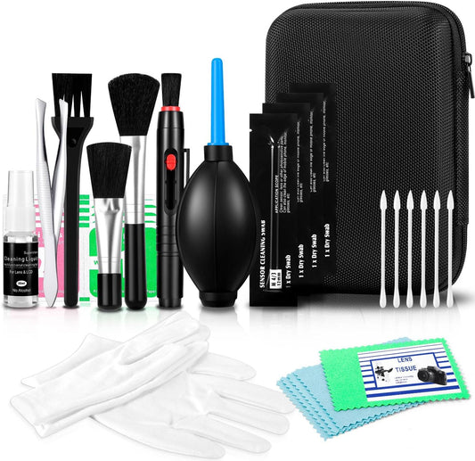 Camera Lens Cleaning Kit - Mirrorless and DSLR Camera Cleaning Kit for Canon, Sony, Nikon, Including Lens Paper/Blower, Cleaning Solution, Cotton swabs, dust Free Cloth, Lens Pen, Cleaning Brush