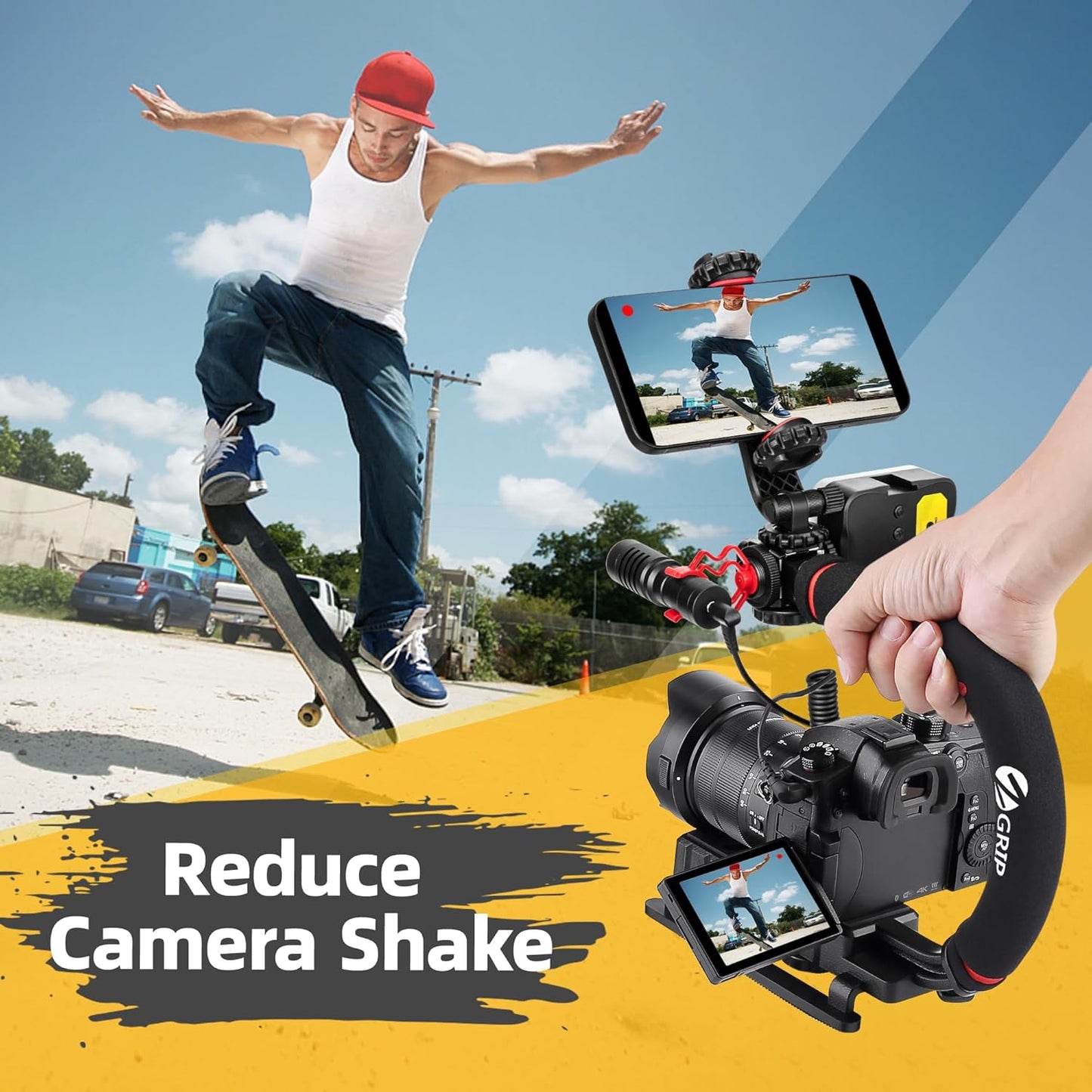 Zeadio Camera Stabilizer, Handle Grip Handheld Stabilizer with LED Video Light and Microphone, Fits for All Camcorder, Camera, DSLR, Action Camera and All Smartphones