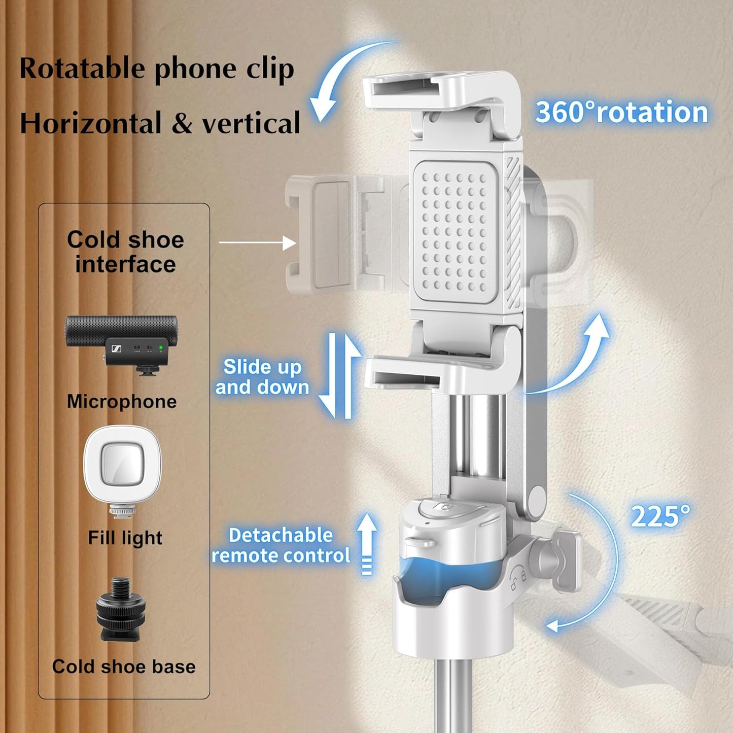 Mini Selfie Stick Tripod, Extendable Grip Phone Tripod with Detachable Remote Pocket Size, 4-in-1 Mini Phone Grip, 10m Wireless Shutter, Vlog Livestreaming Photography （White）